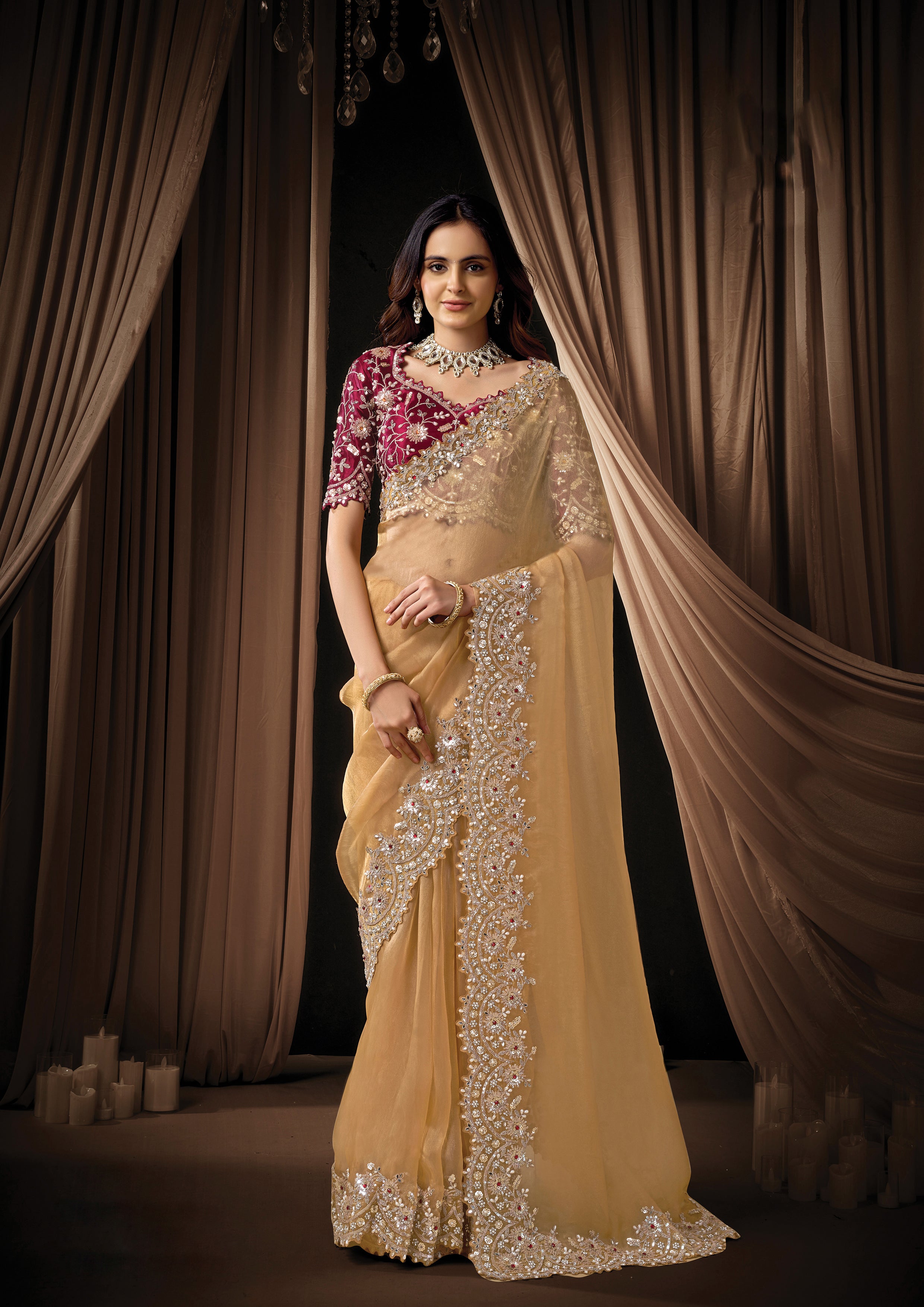 Warm Gold Embellished Organza Tissue Saree