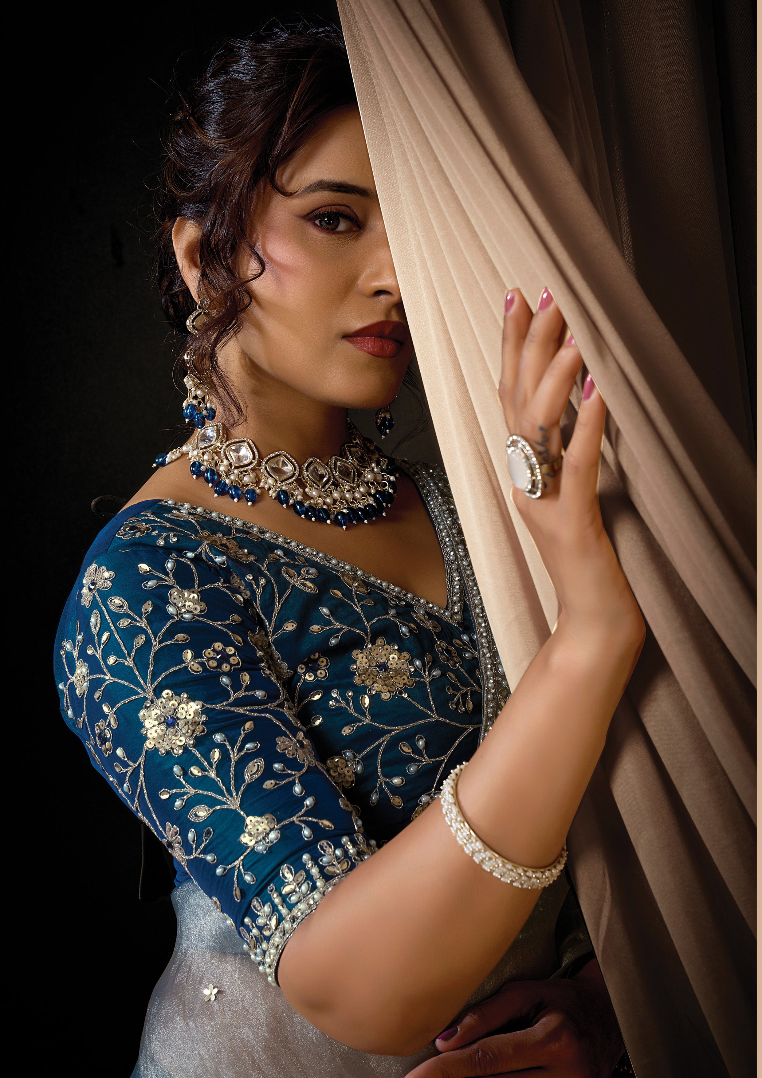 Ice Gray Embellished Zari Organza Silk Saree
