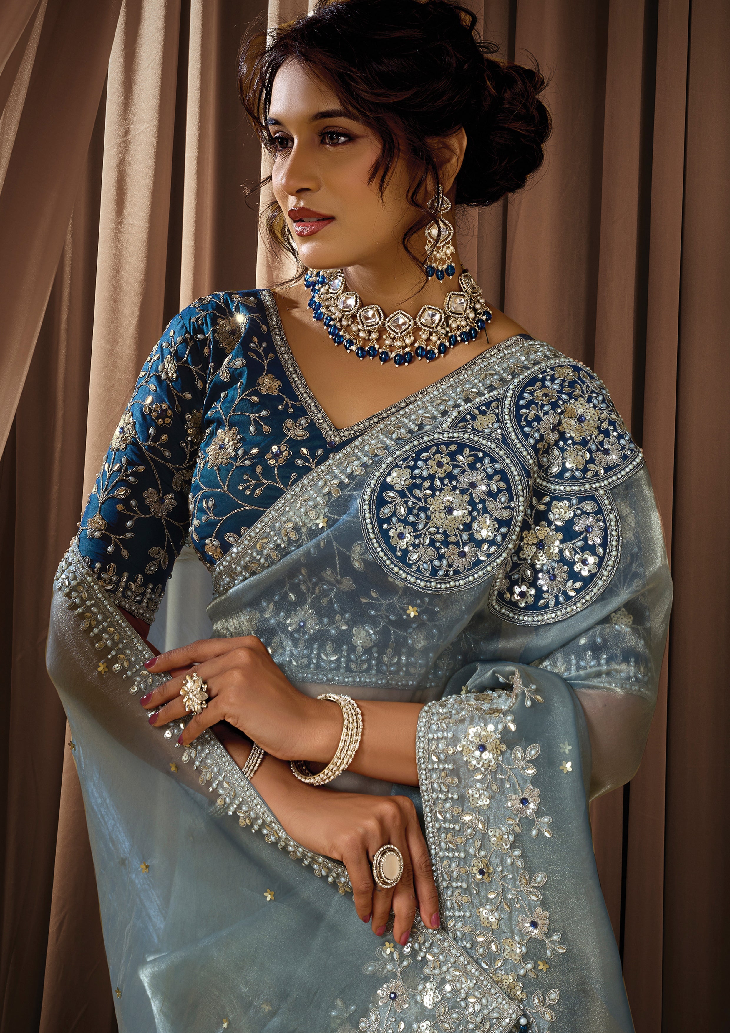 Ice Gray Embellished Zari Organza Silk Saree