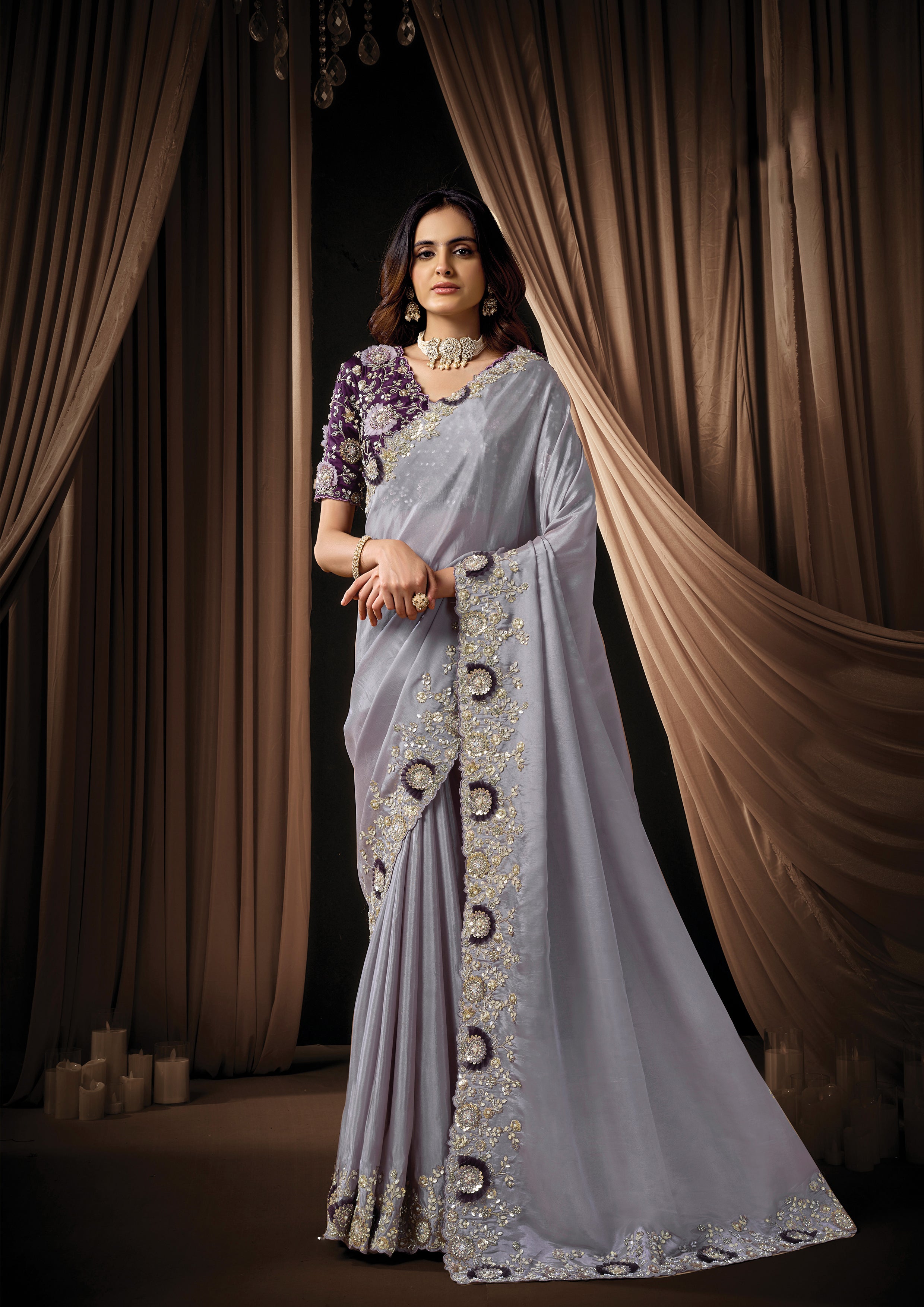 Soft Lavender Embellished Uppada Silk Saree