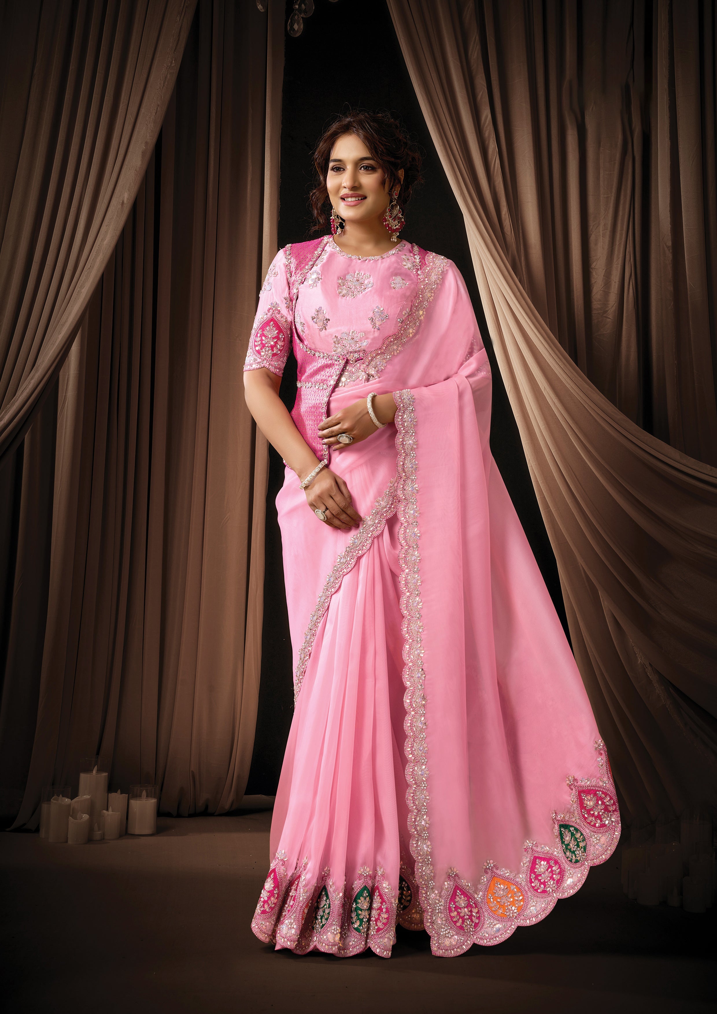 Soft Pink Embellished Tissue Organza Silk Saree