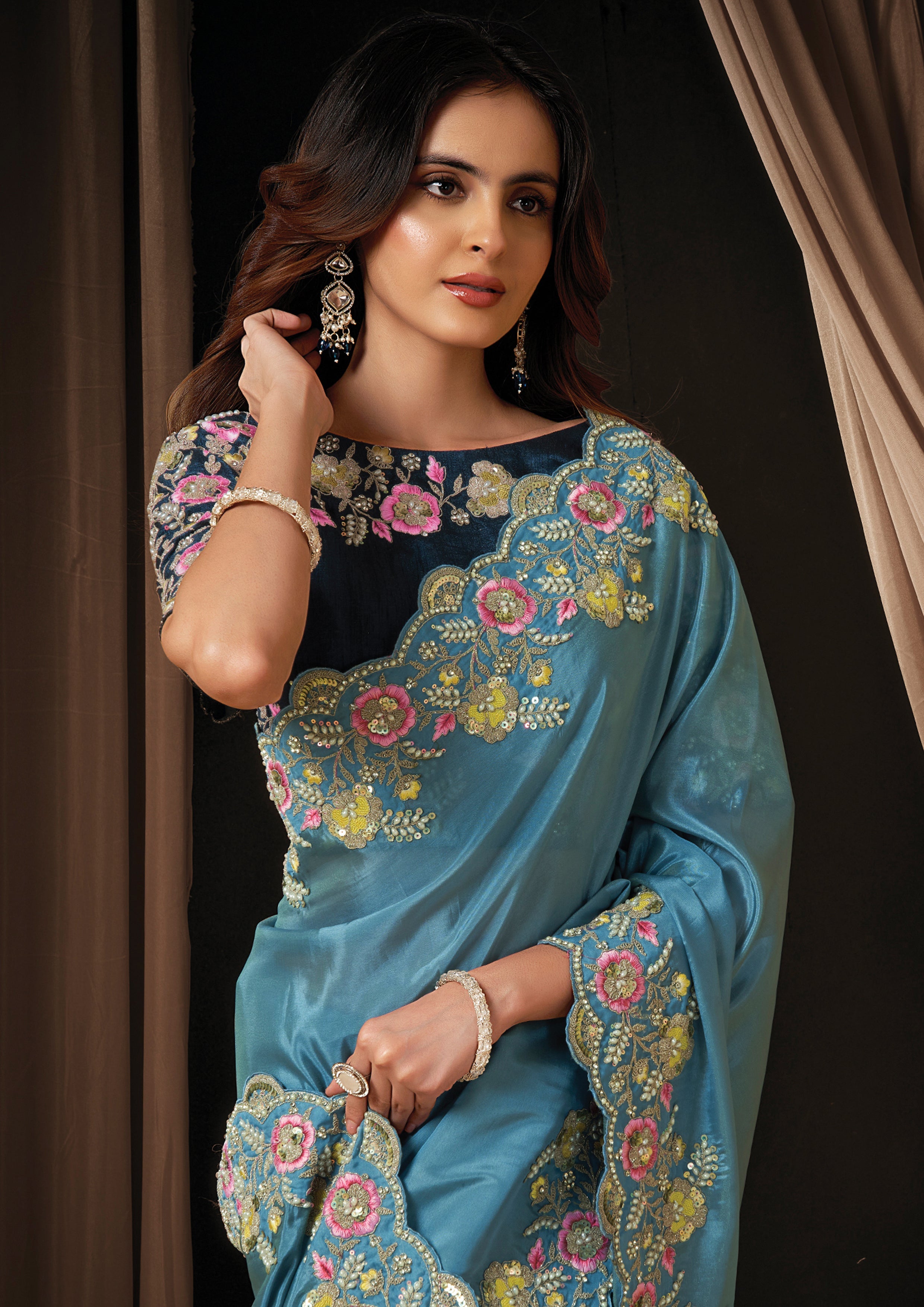 Dusty Blue Embellished Uppada Silk Saree
