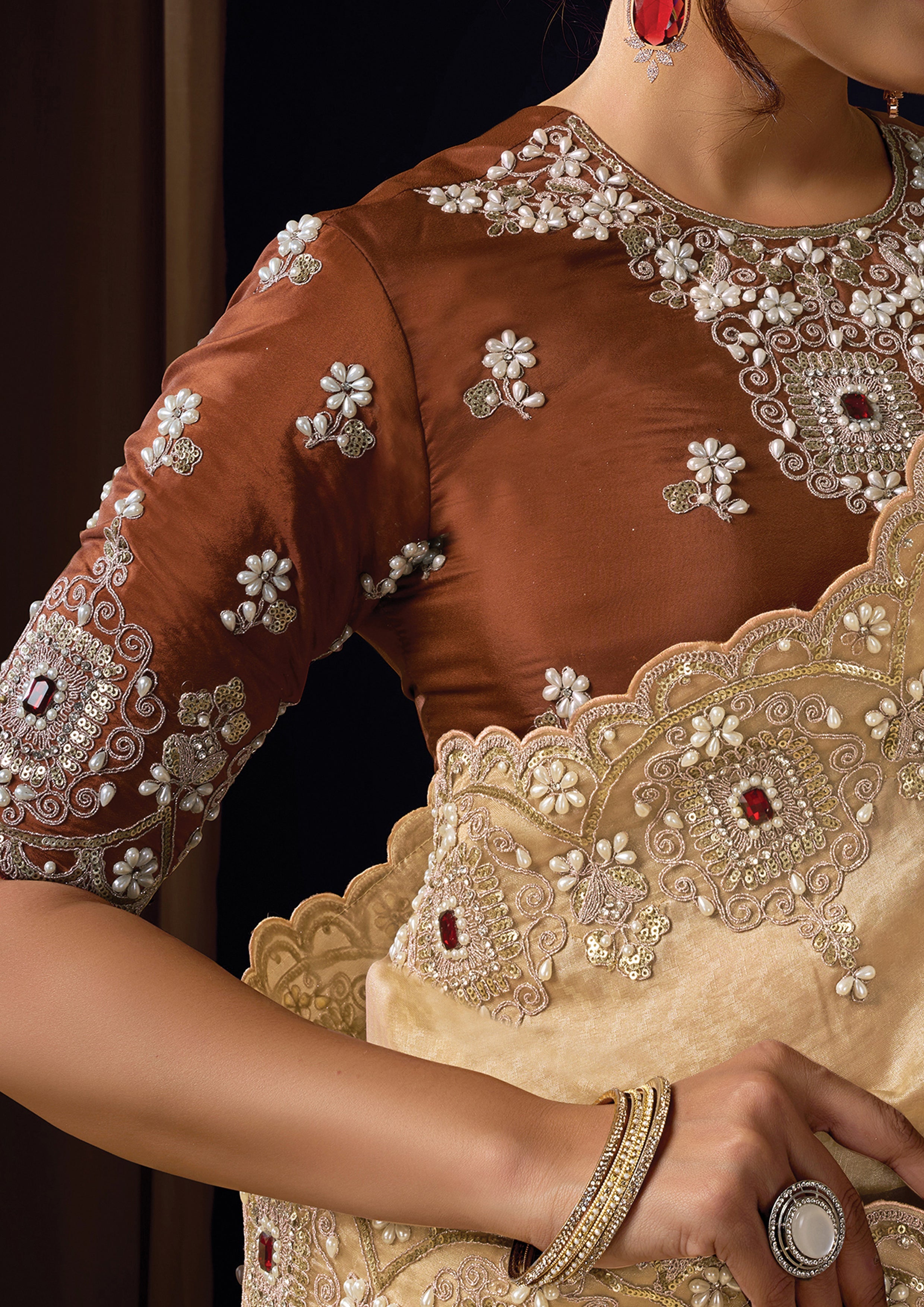 Soft Beige Embellished Woven Jacquard Silk Saree