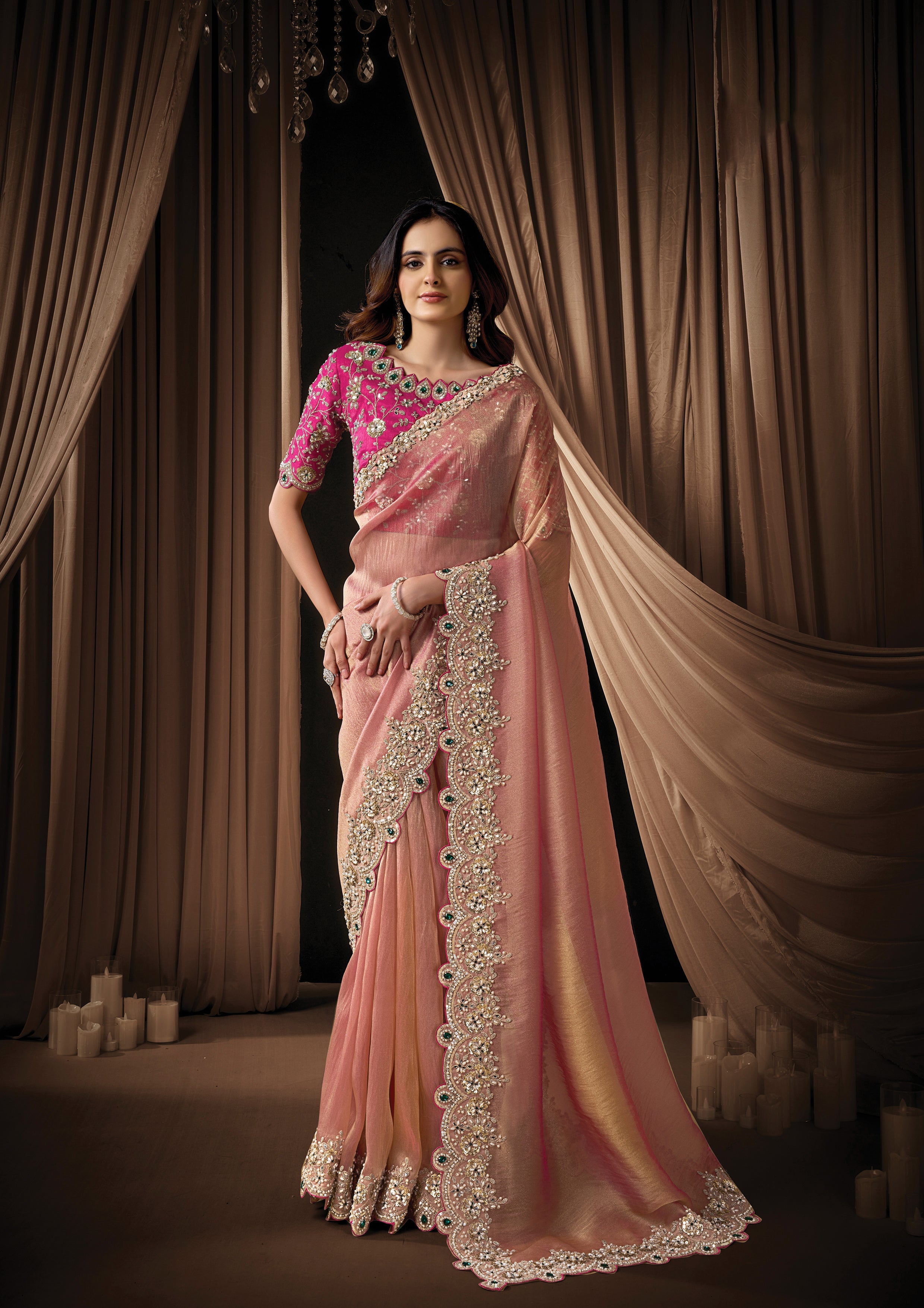 Blush Pink Embellished Zari Organza Silk Saree