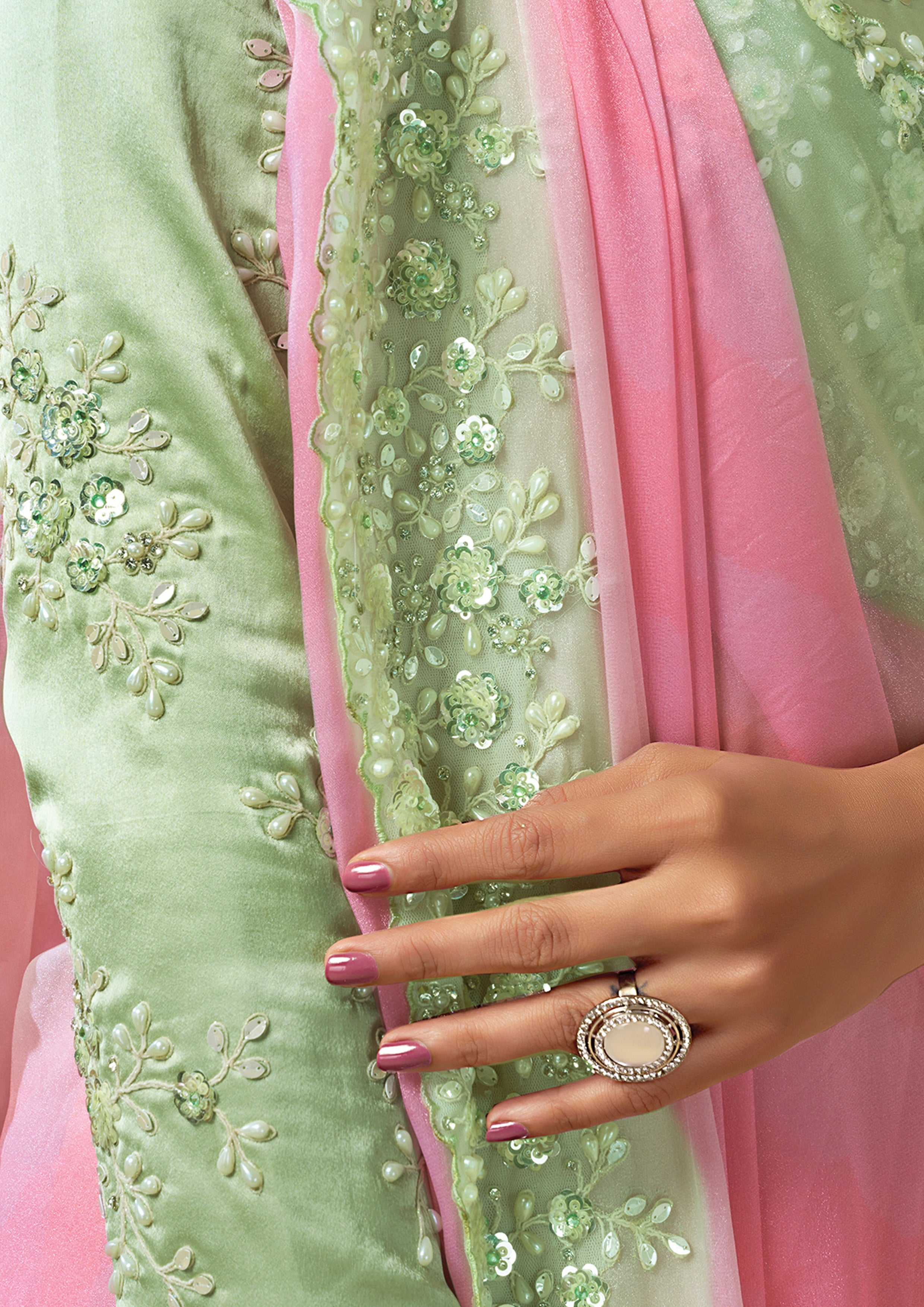 Pista Pink Ombre Embellished Georgette Silk Saree