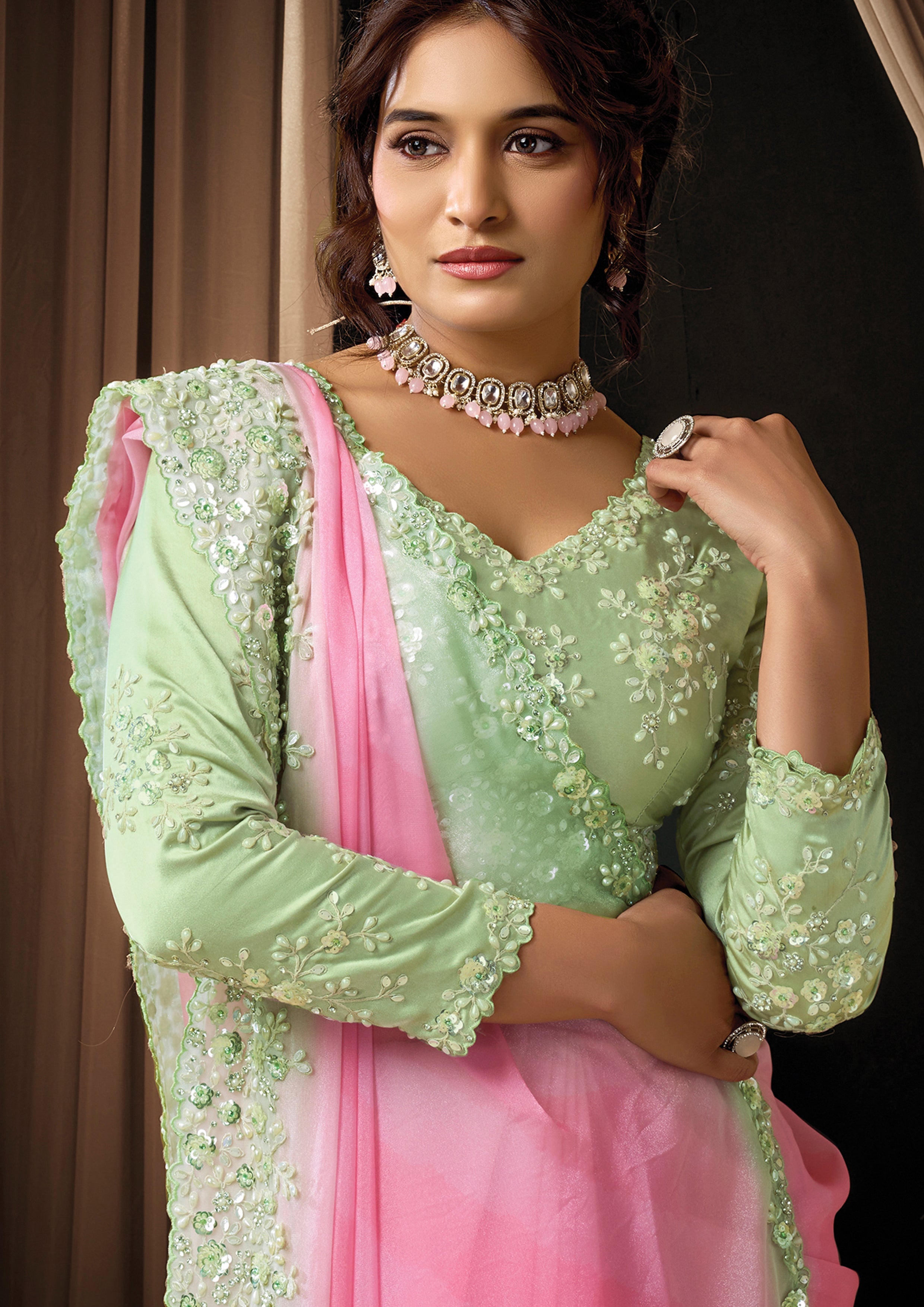 Pista Pink Ombre Embellished Georgette Silk Saree