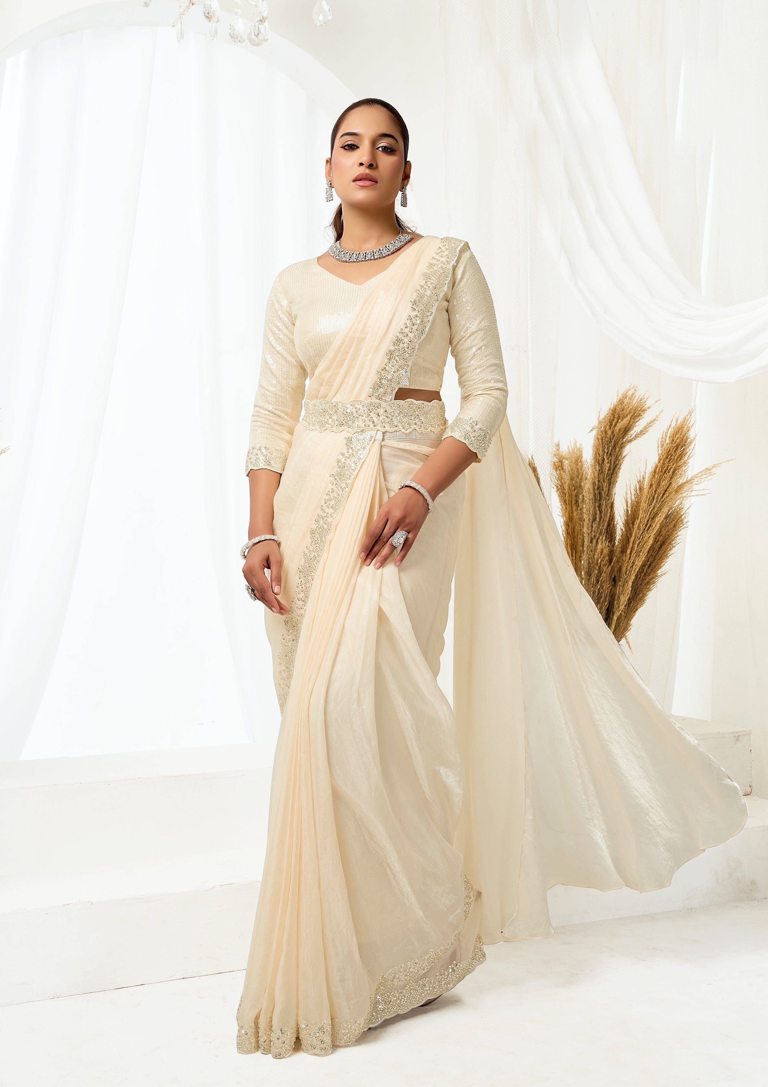 Pearl Cream Embellished Satin Silk Saree with Jacket