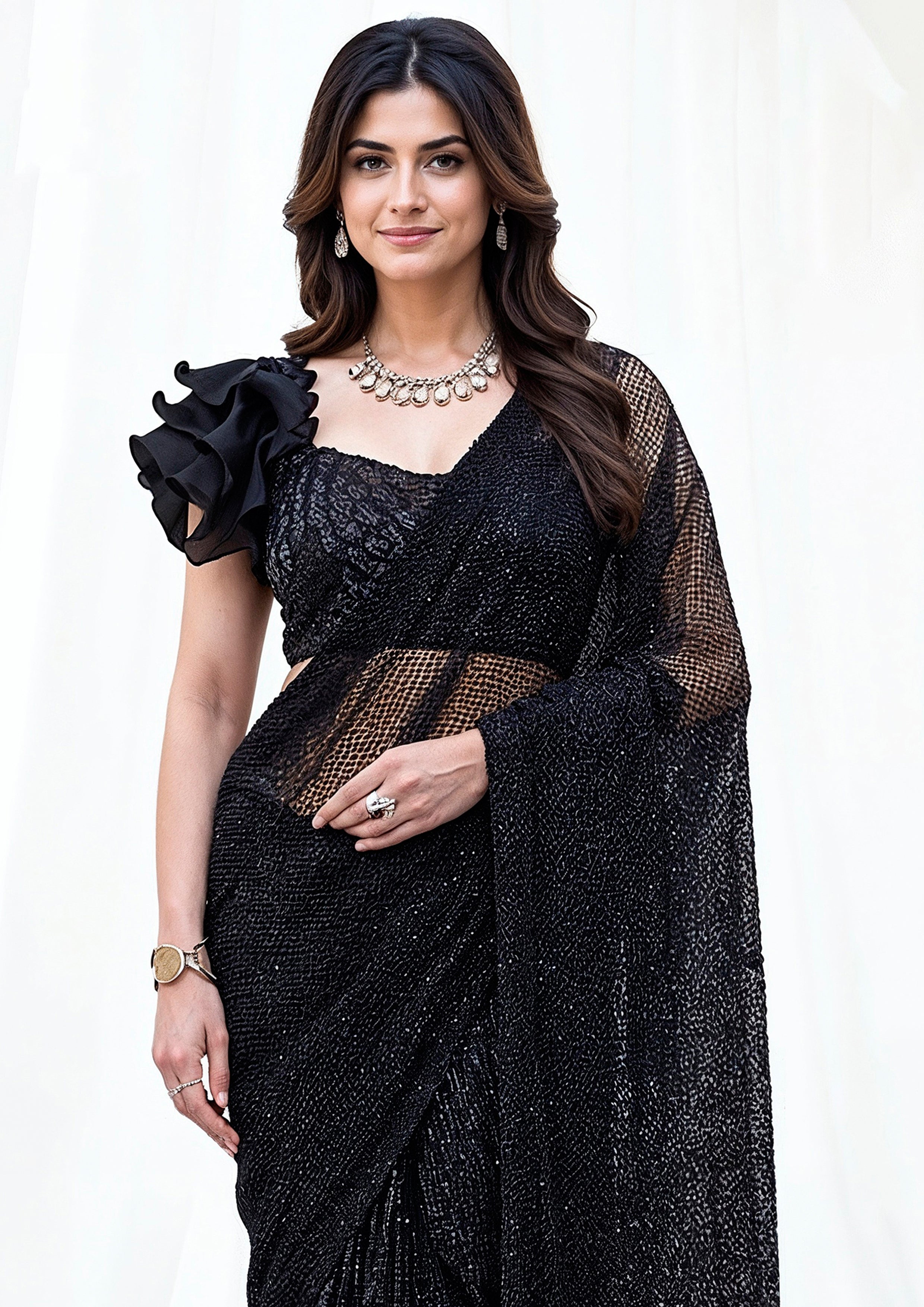 Onyx Starfall Embellished Armani Tulle Draped Saree
