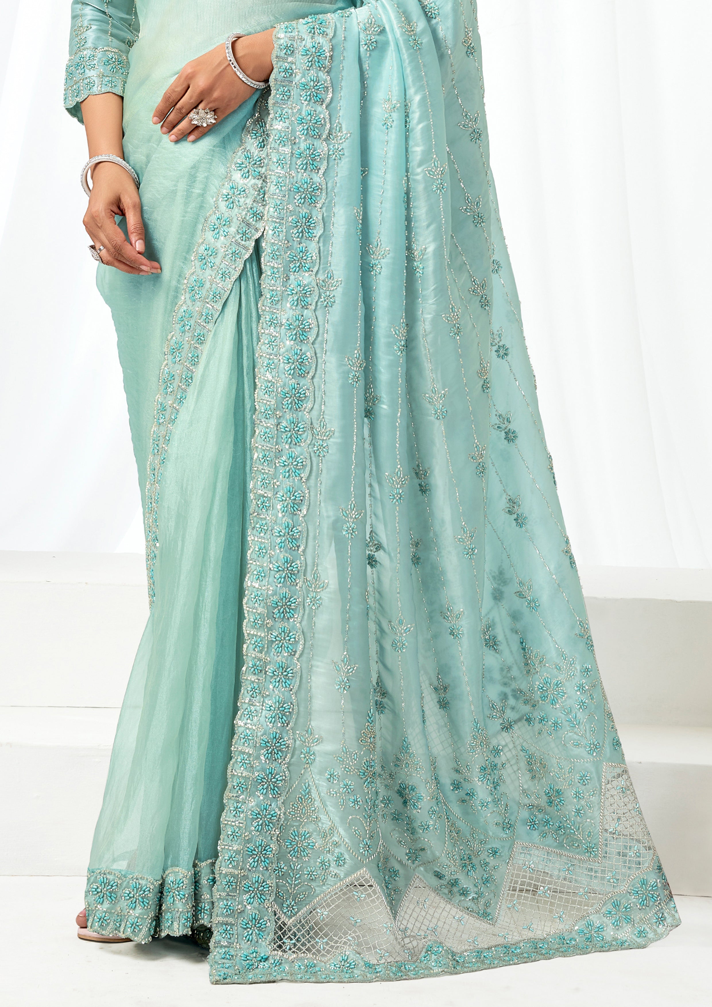Seafoam Pearl Embellished Organza Satin Saree