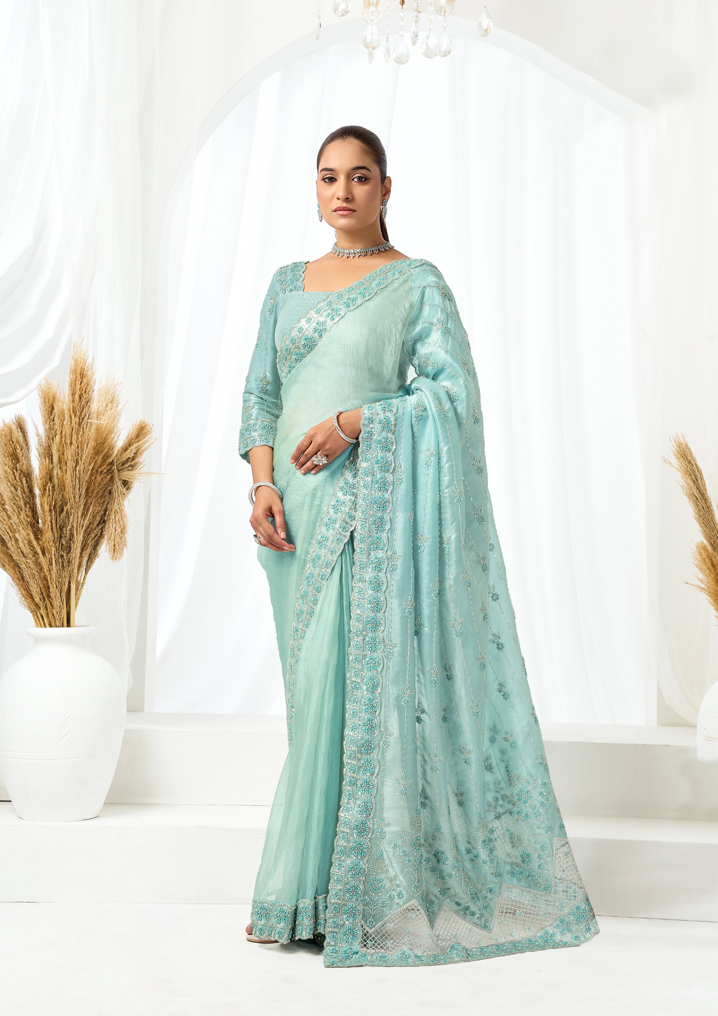 Seafoam Pearl Embellished Organza Satin Saree
