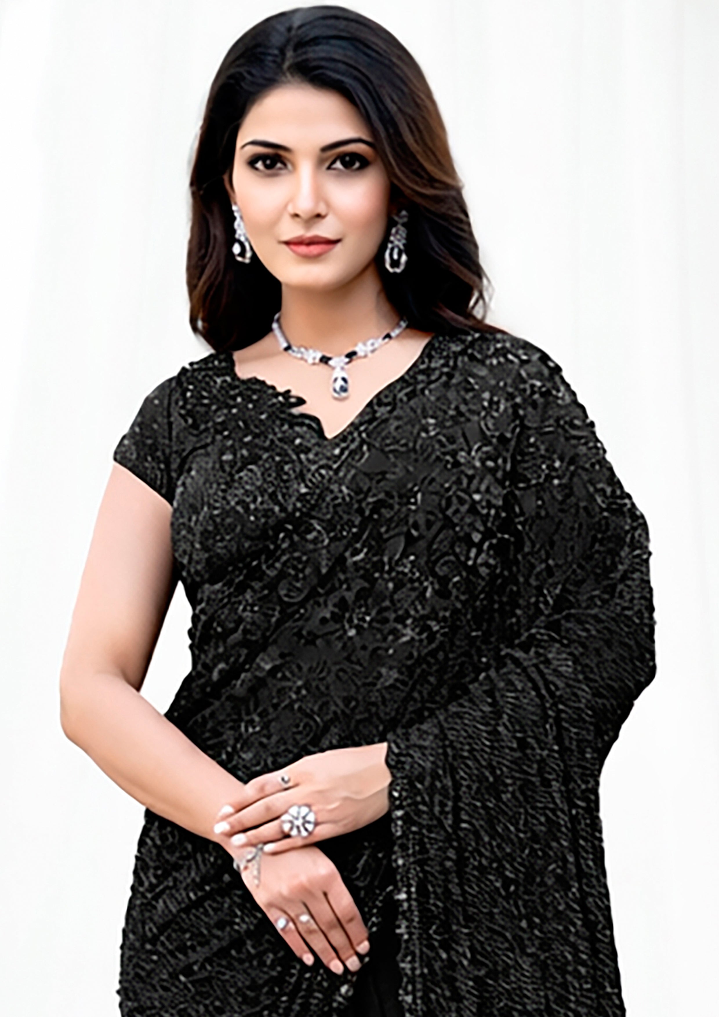 Noir Shimmer Embellished Tule Saree