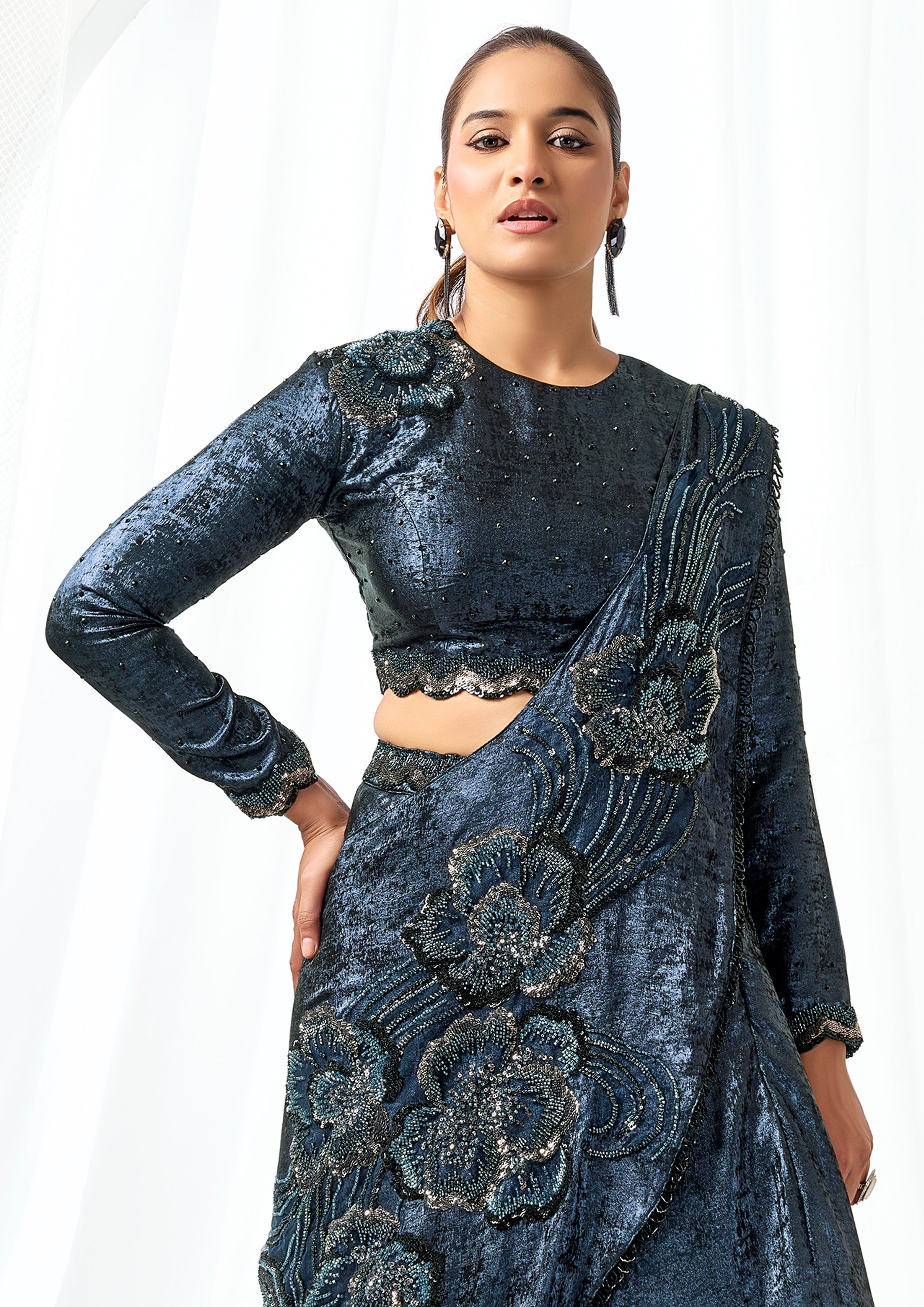 Dark Blue Embellished Metallic Satin Silk Lehenga Saree