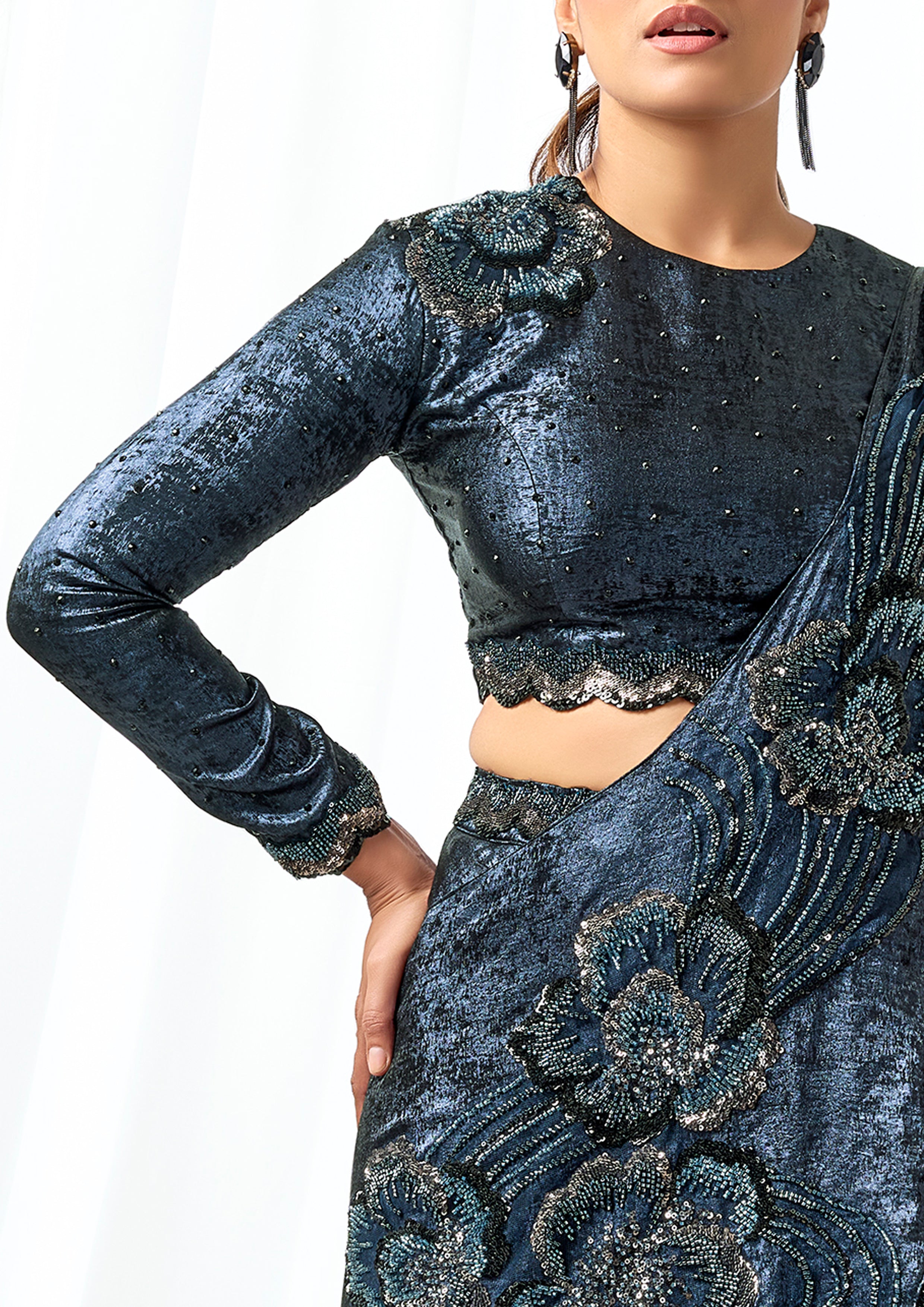 Midnight Sapphire Embellished Satin Silk Lehenga Saree