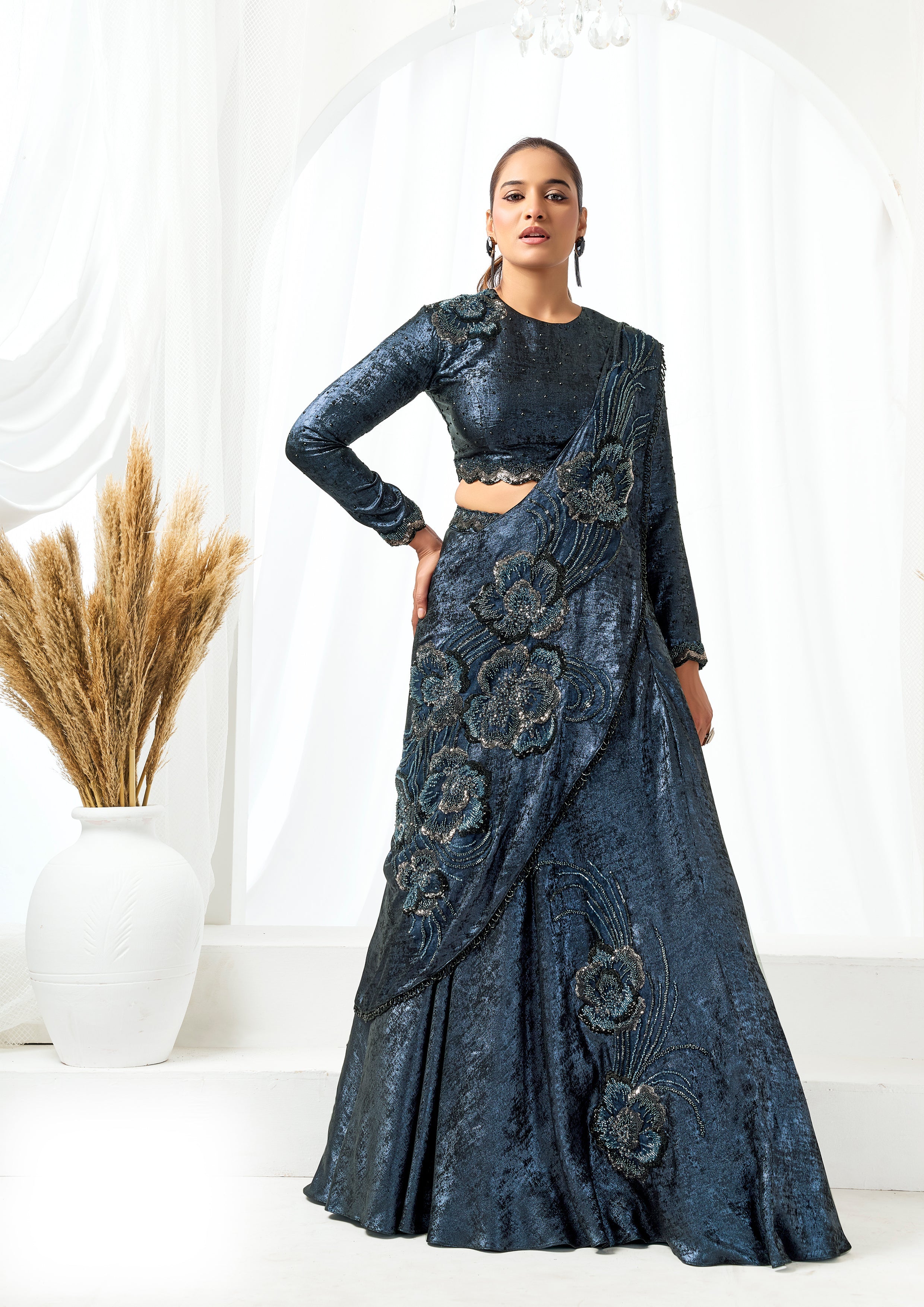 Dark Blue Embellished Metallic Satin Silk Lehenga Saree