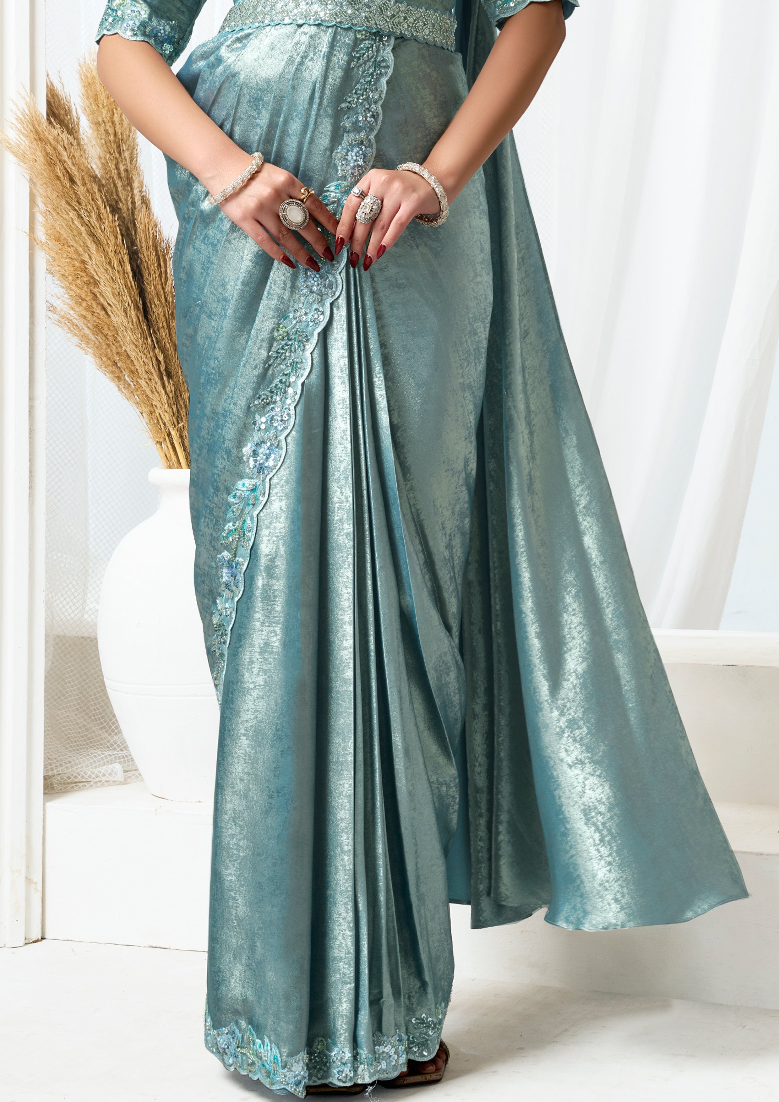 Metallic Grey Embellished Metallic Satin Silk Saree