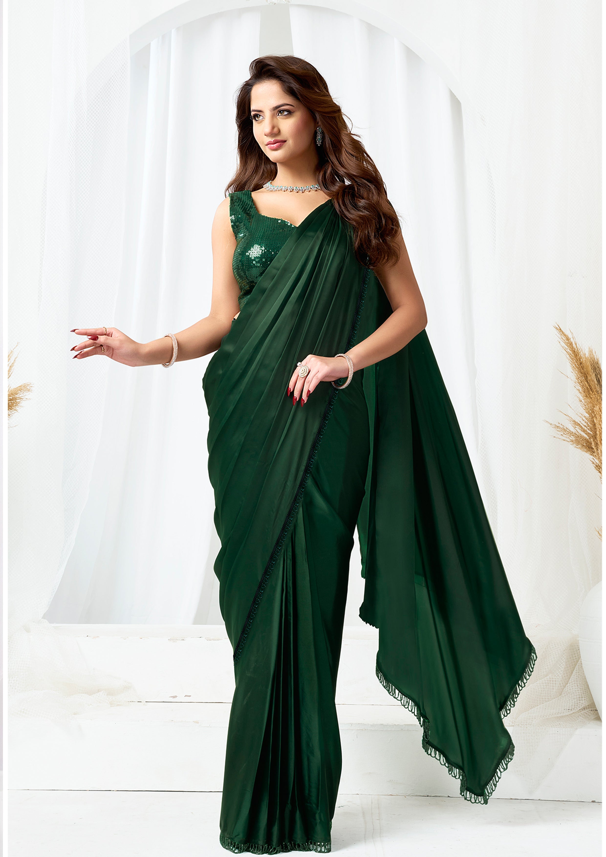 Bottle Green Embellished Metallic Satin Silk Saree