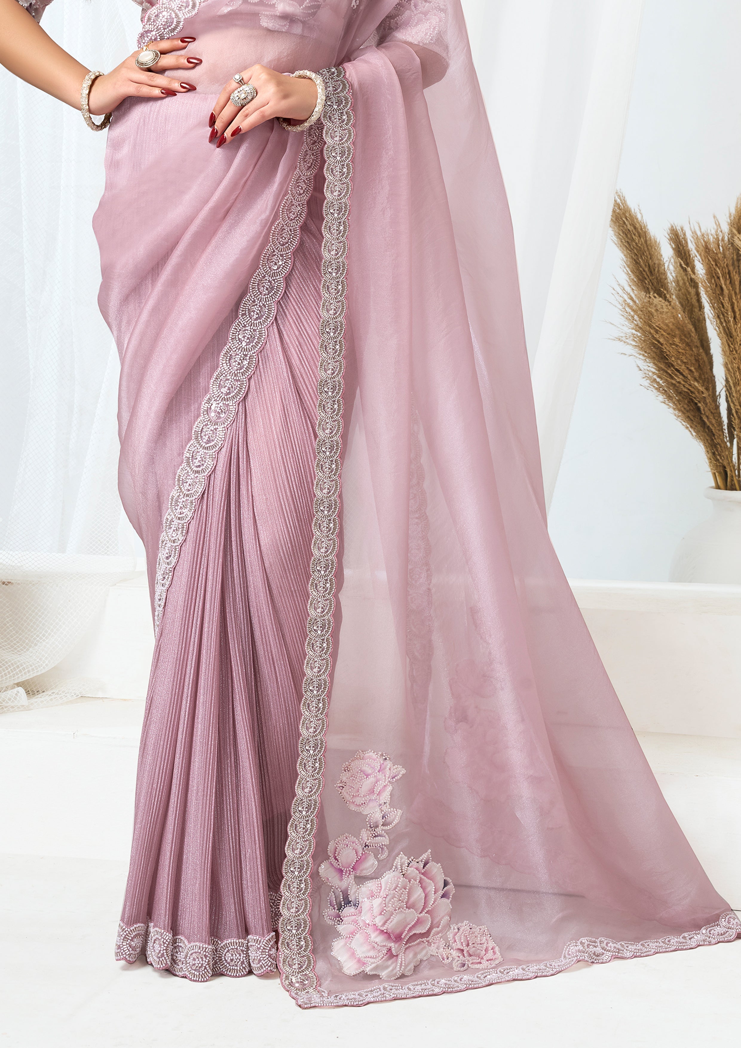 Blush Pink Embellished Shimmer Organza Silk Saree