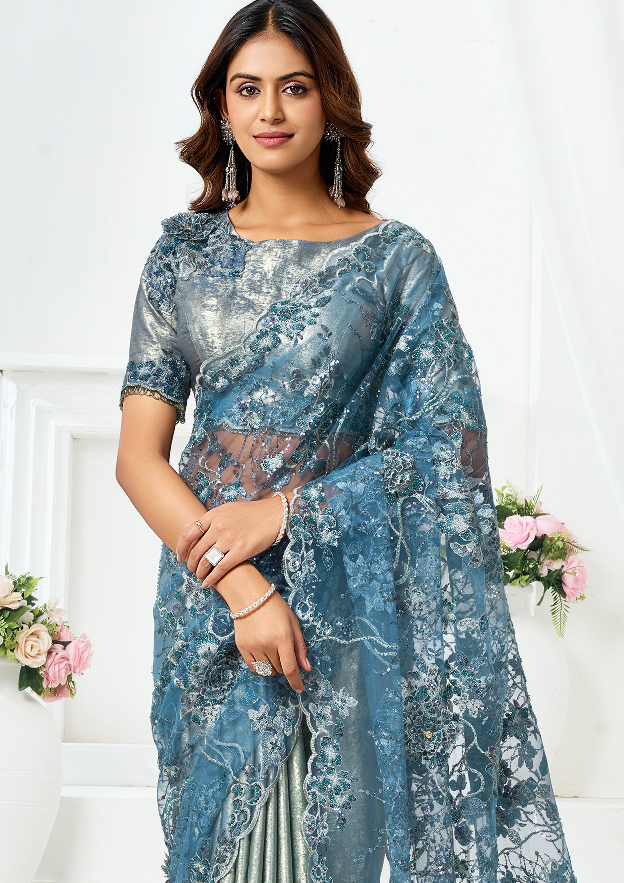 Metallic Grey Embellished Metallic Satin Silk Saree
