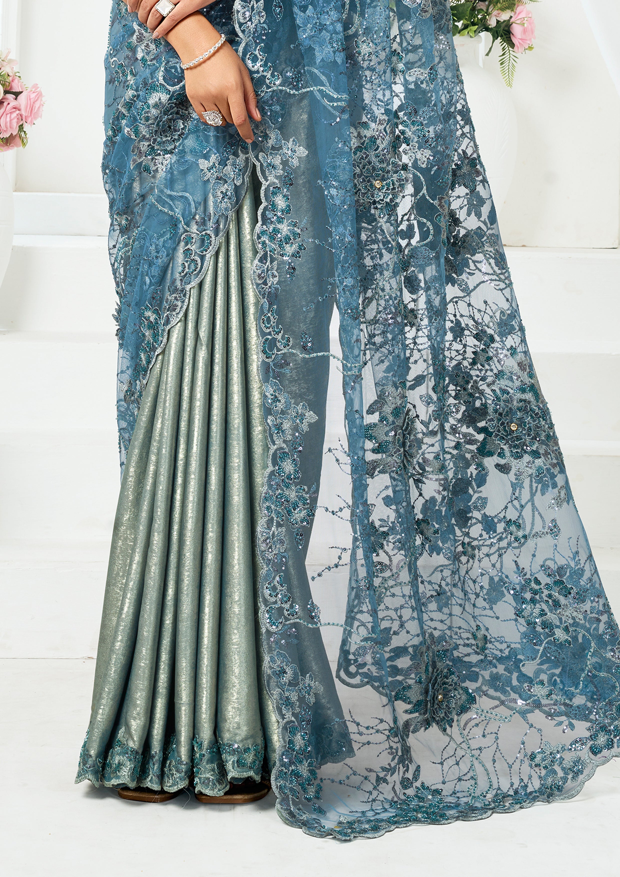 Metallic Grey Embellished Metallic Satin Silk Saree