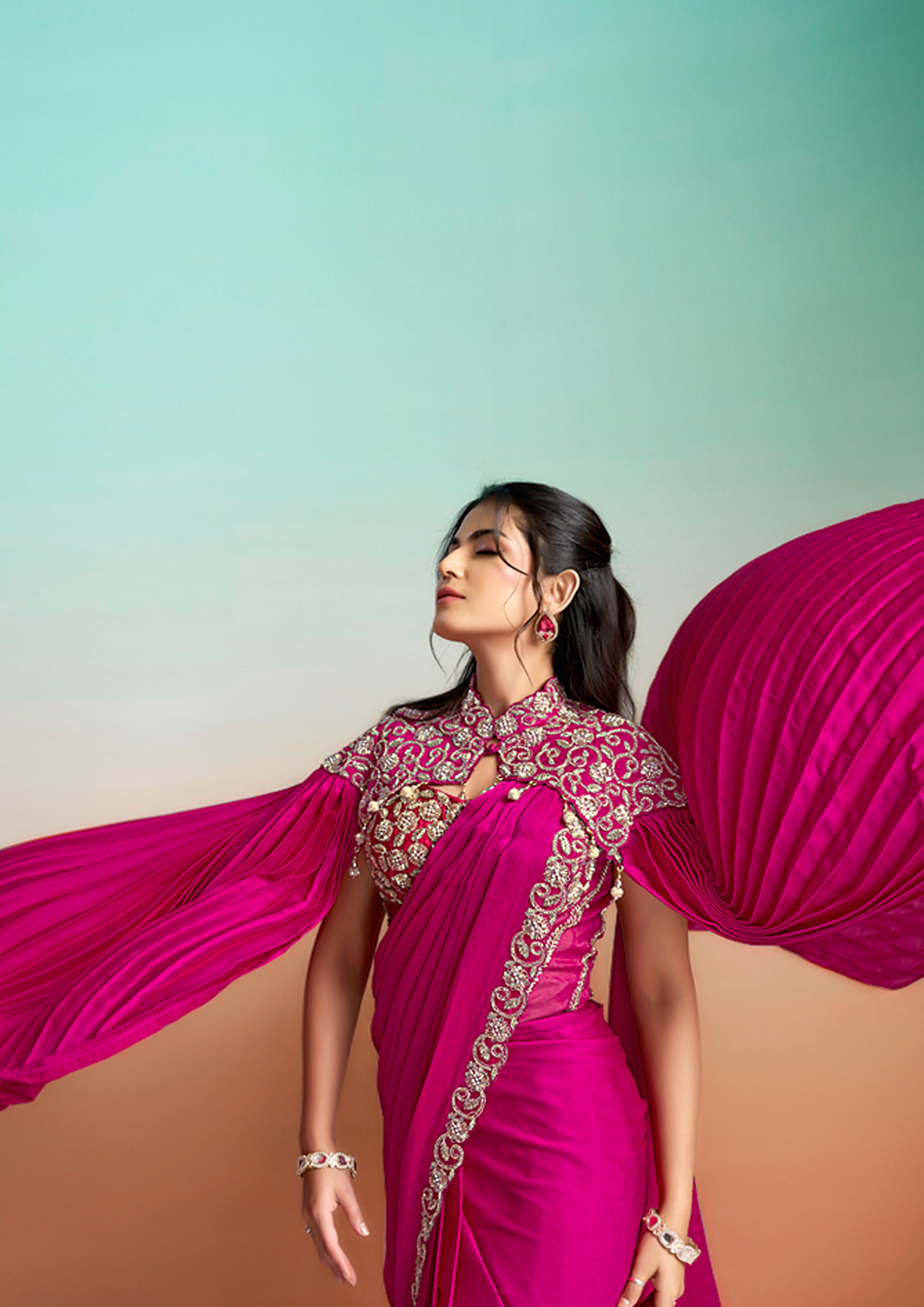 Pop Pink Embellished Satin Silk Saree