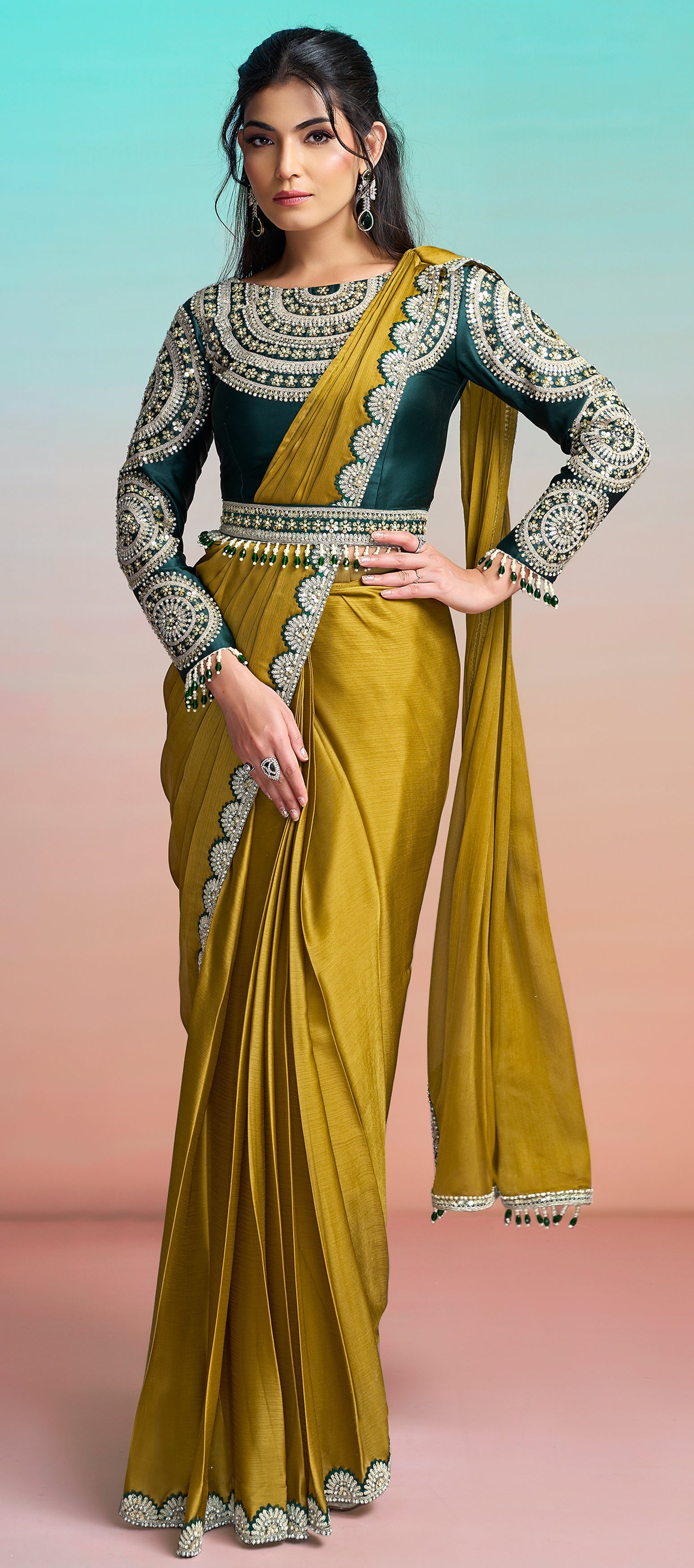 Moss Green Embellished Georgette Silk Saree