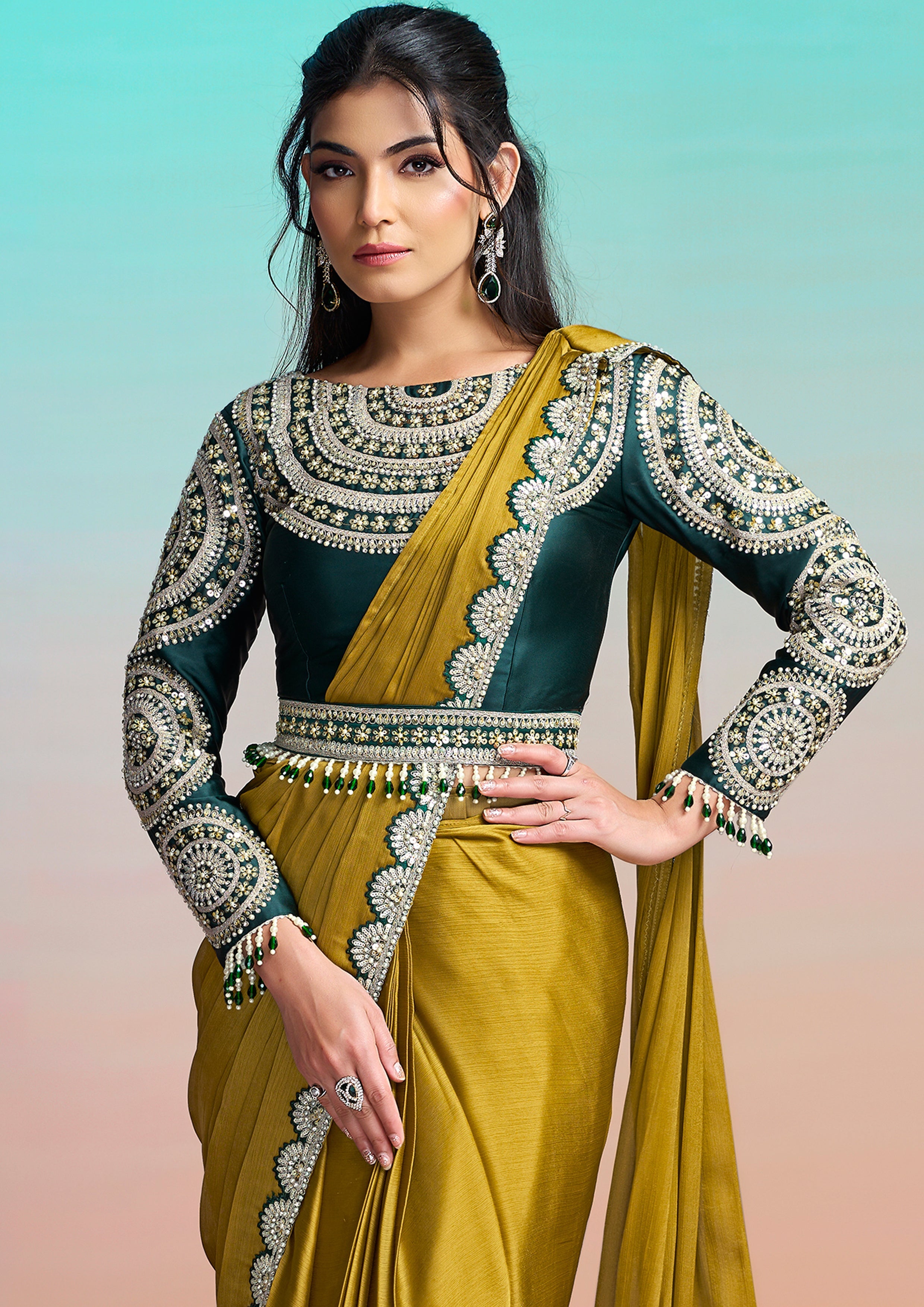 Moss Green Embellished Georgette Silk Saree