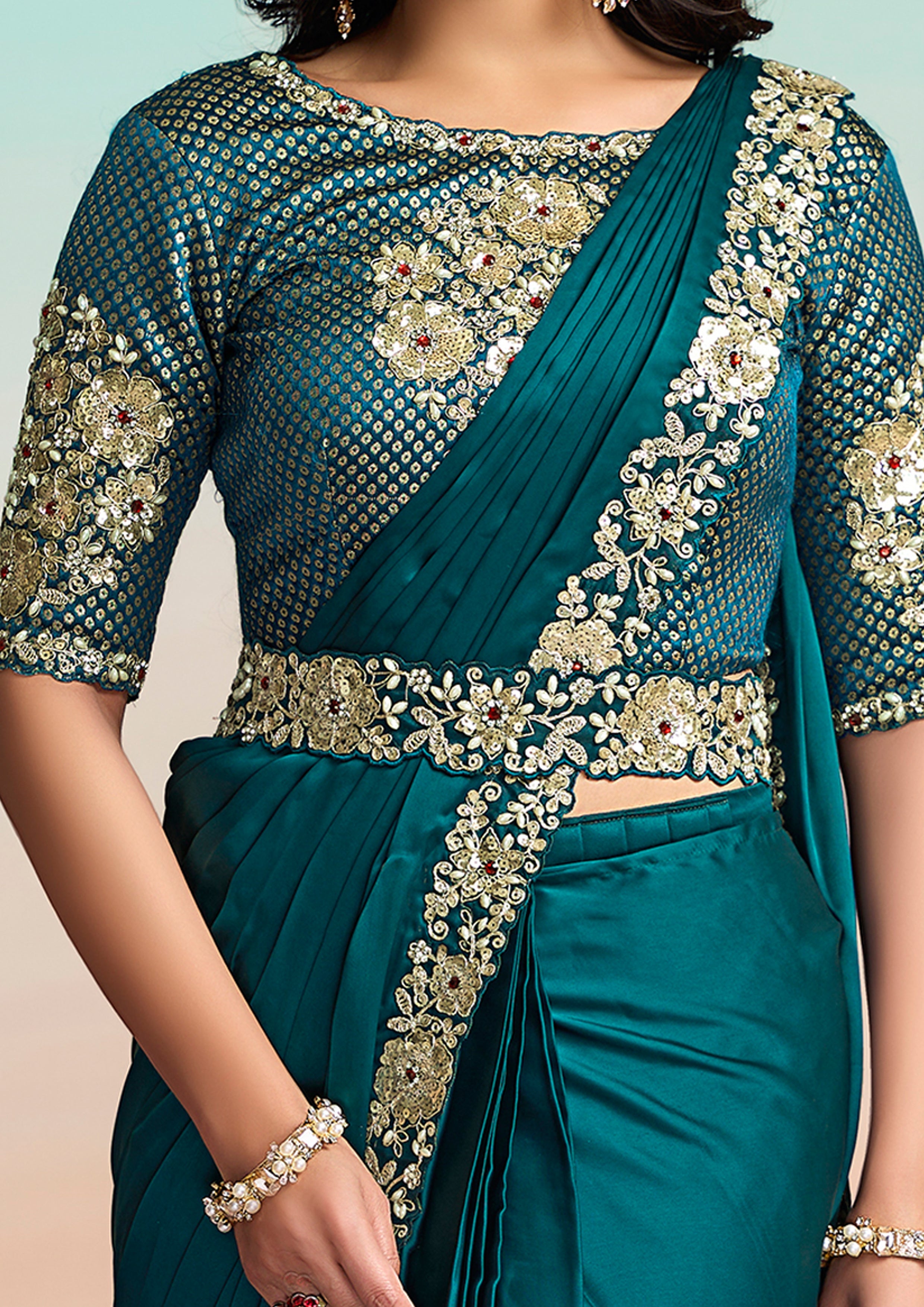 Peacock Blue Embellished Satin Silk Draped Saree
