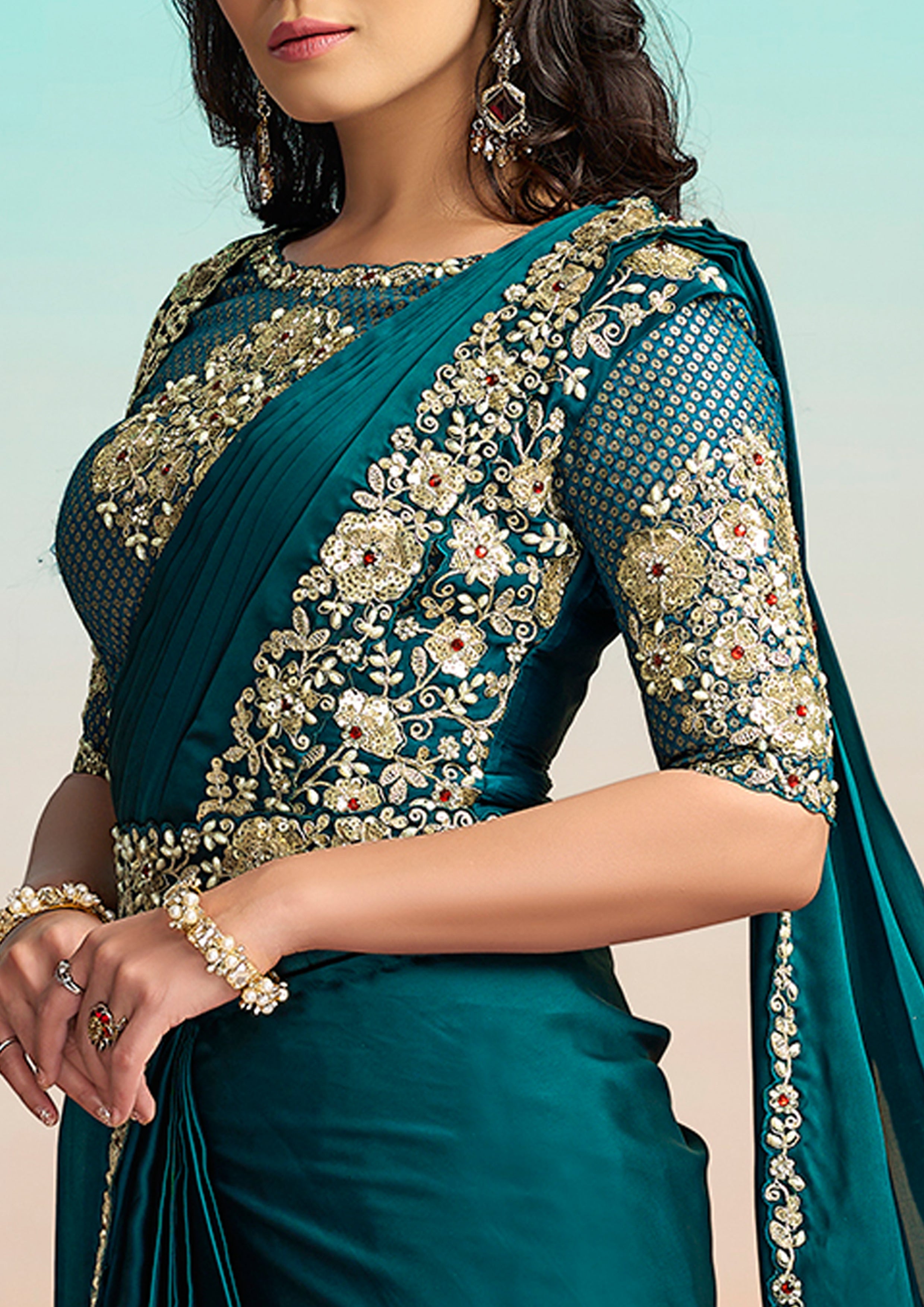 Peacock Blue Embellished Satin Silk Draped Saree