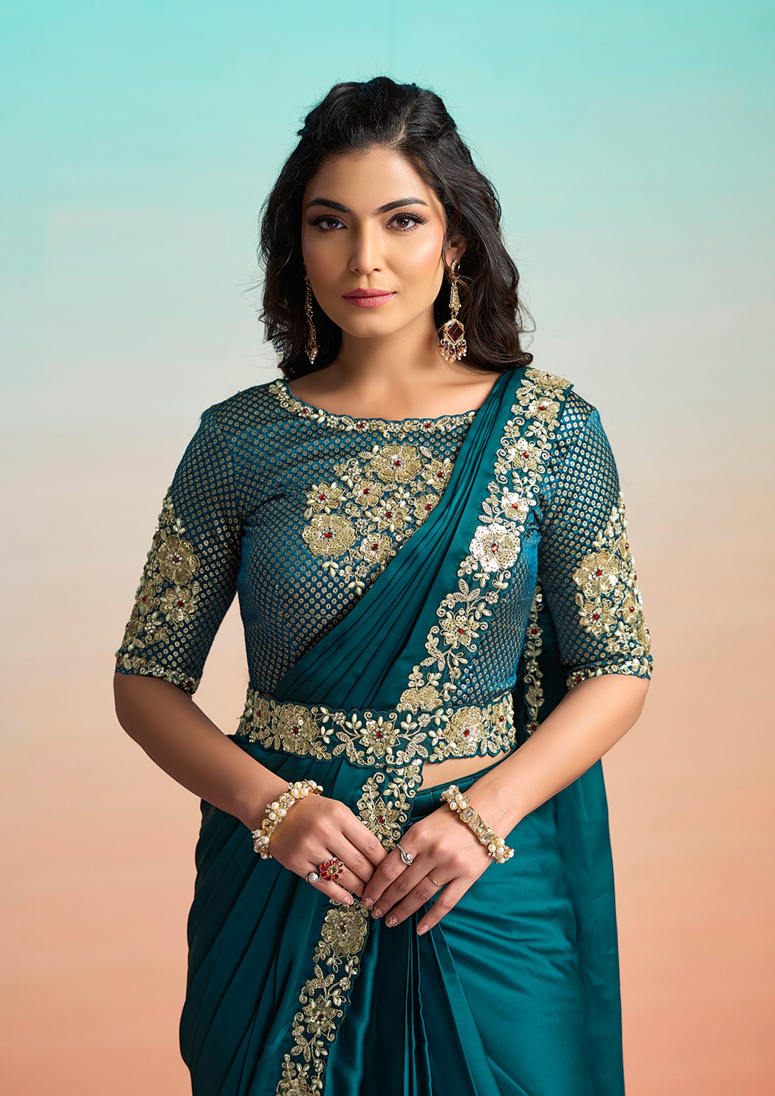Peacock Blue Embellished Satin Silk Draped Saree