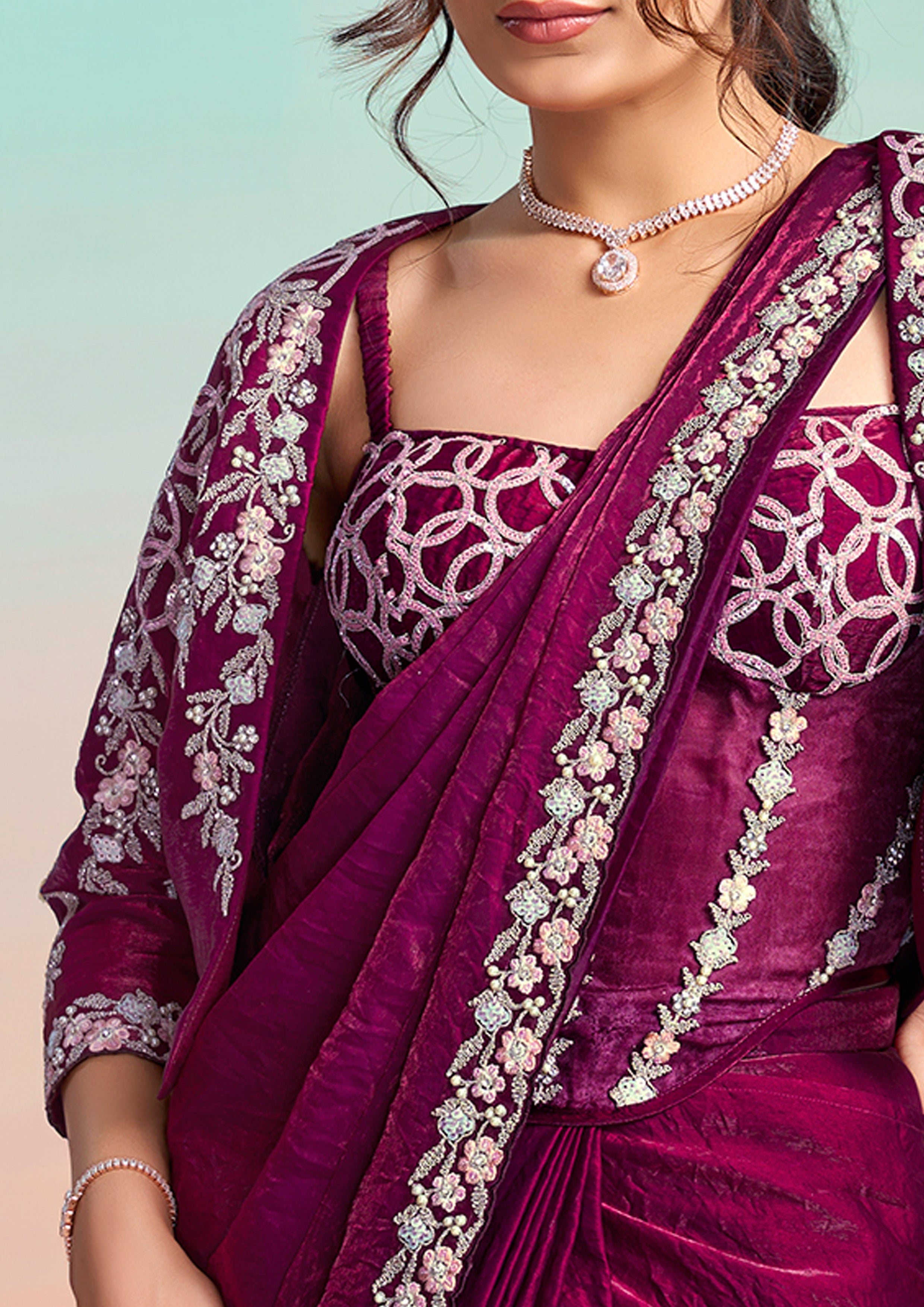 Wine Plum Embellished Satin Silk Draped Saree