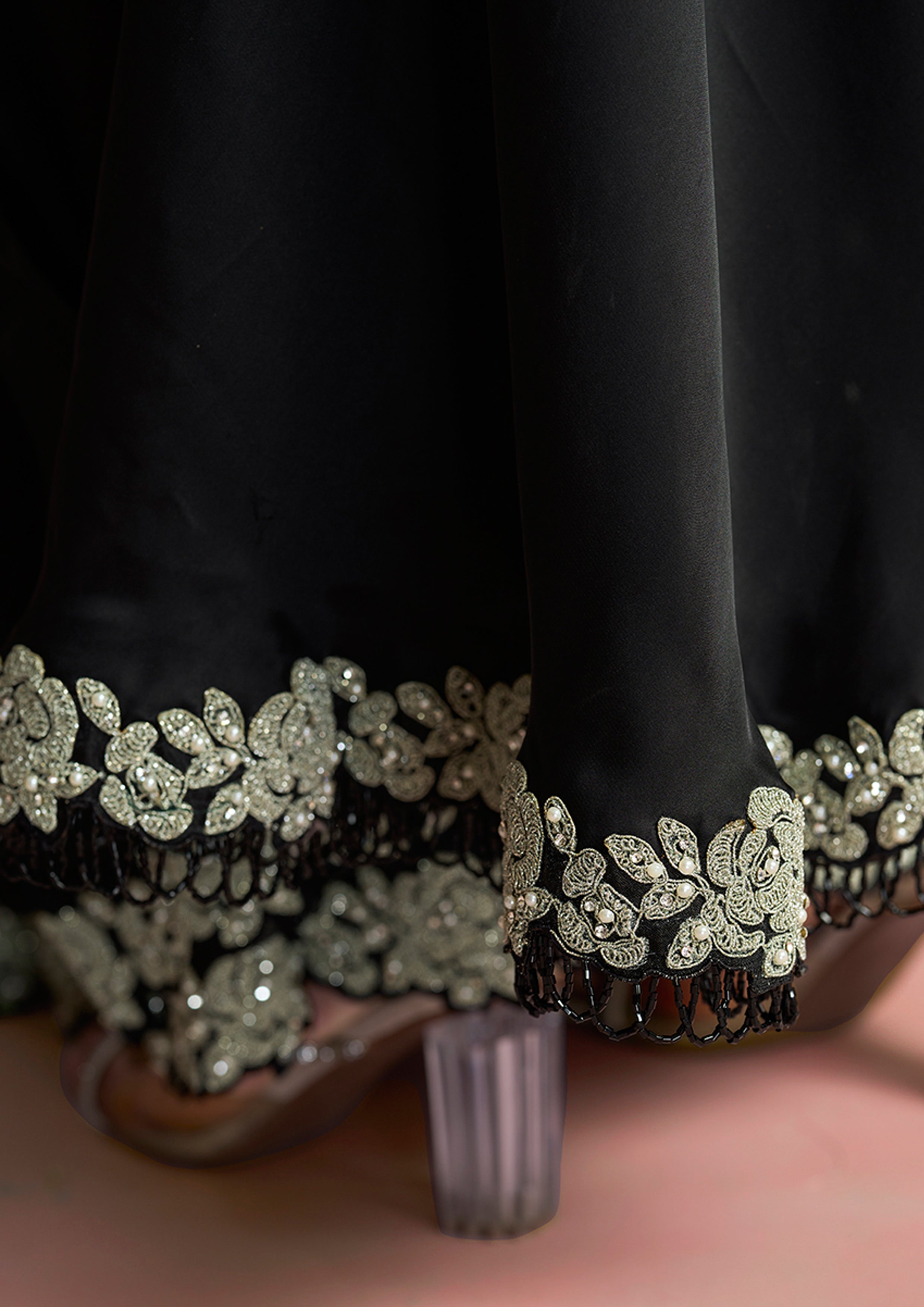 Black Embellished Satin Silk Draped Saree