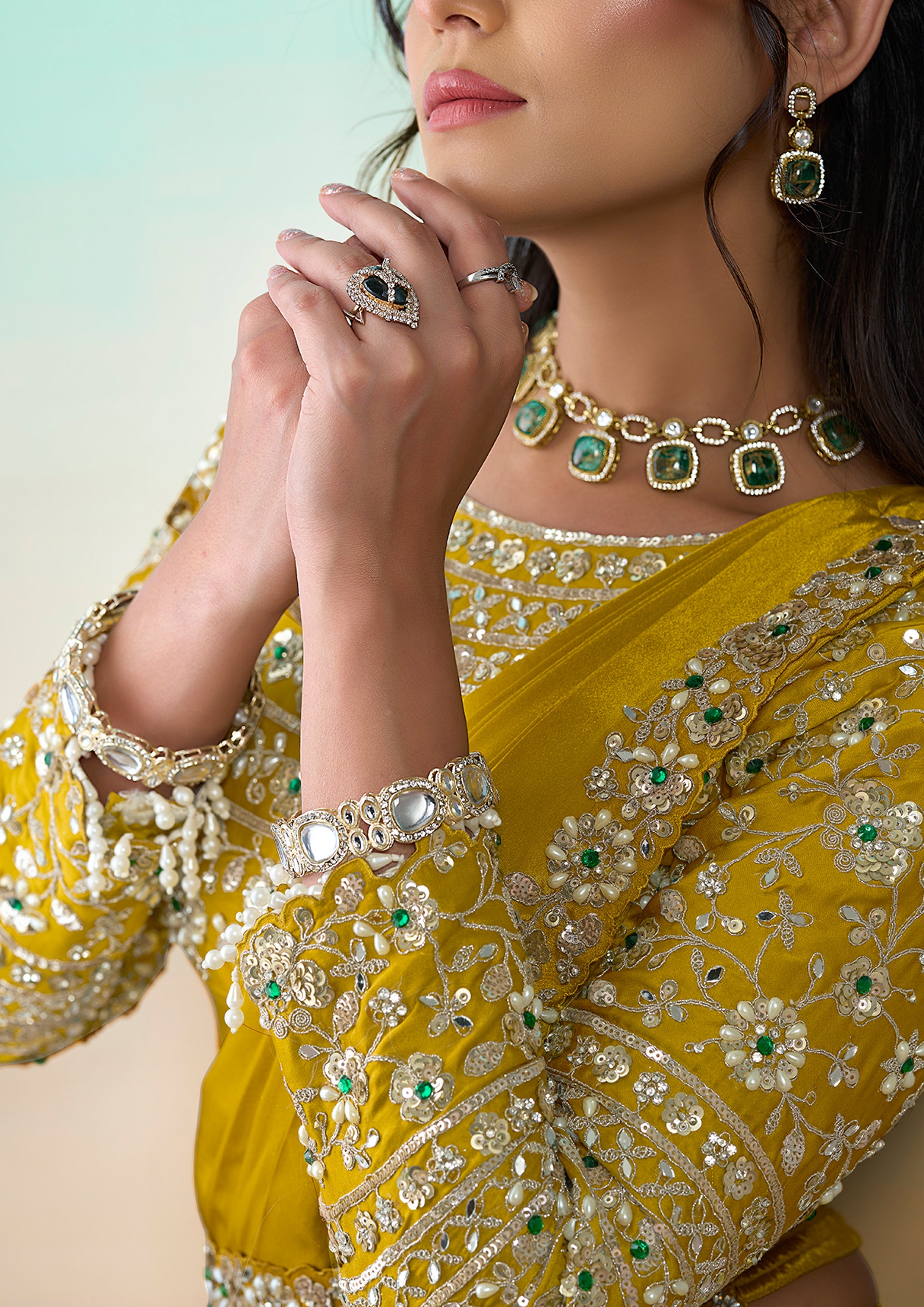 Golden Mustard Embellished Crepe Silk Draped Saree