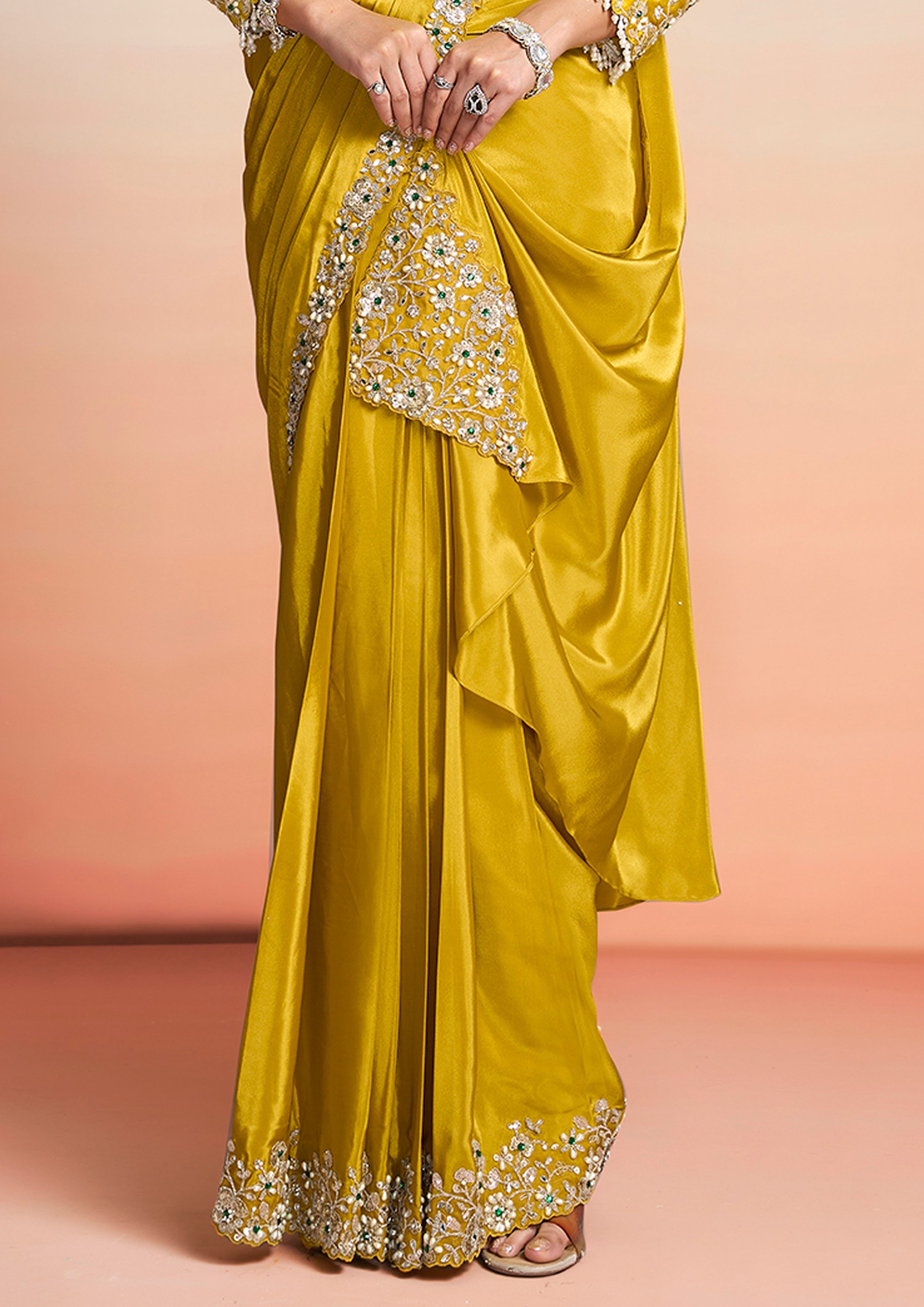 Golden Mustard Embellished Crepe Silk Draped Saree