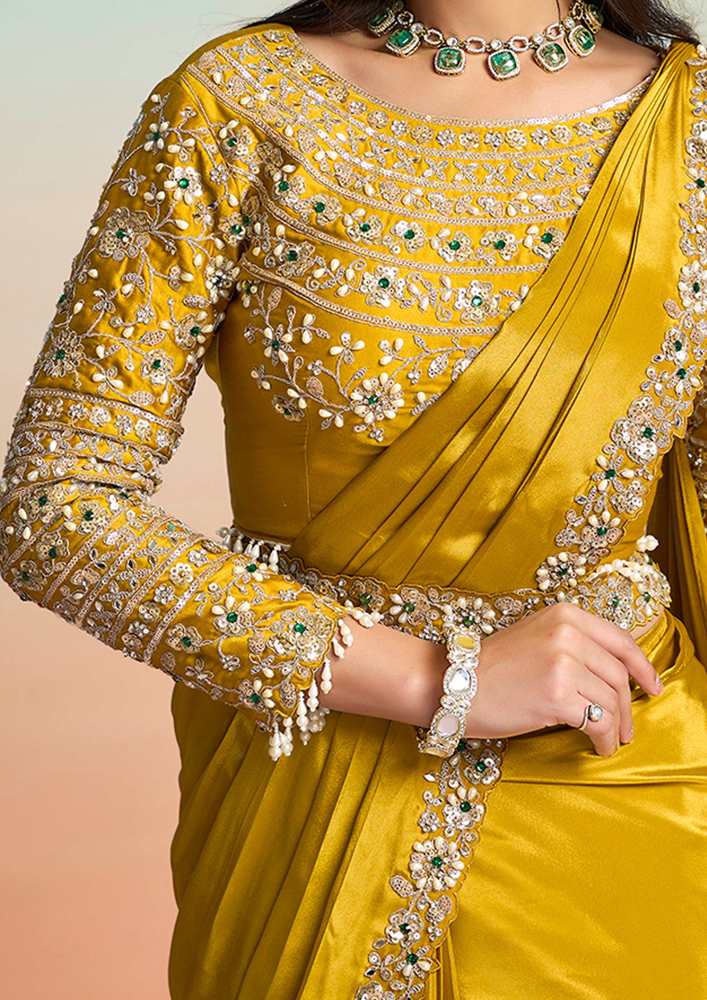Golden Mustard Embellished Crepe Silk Draped Saree
