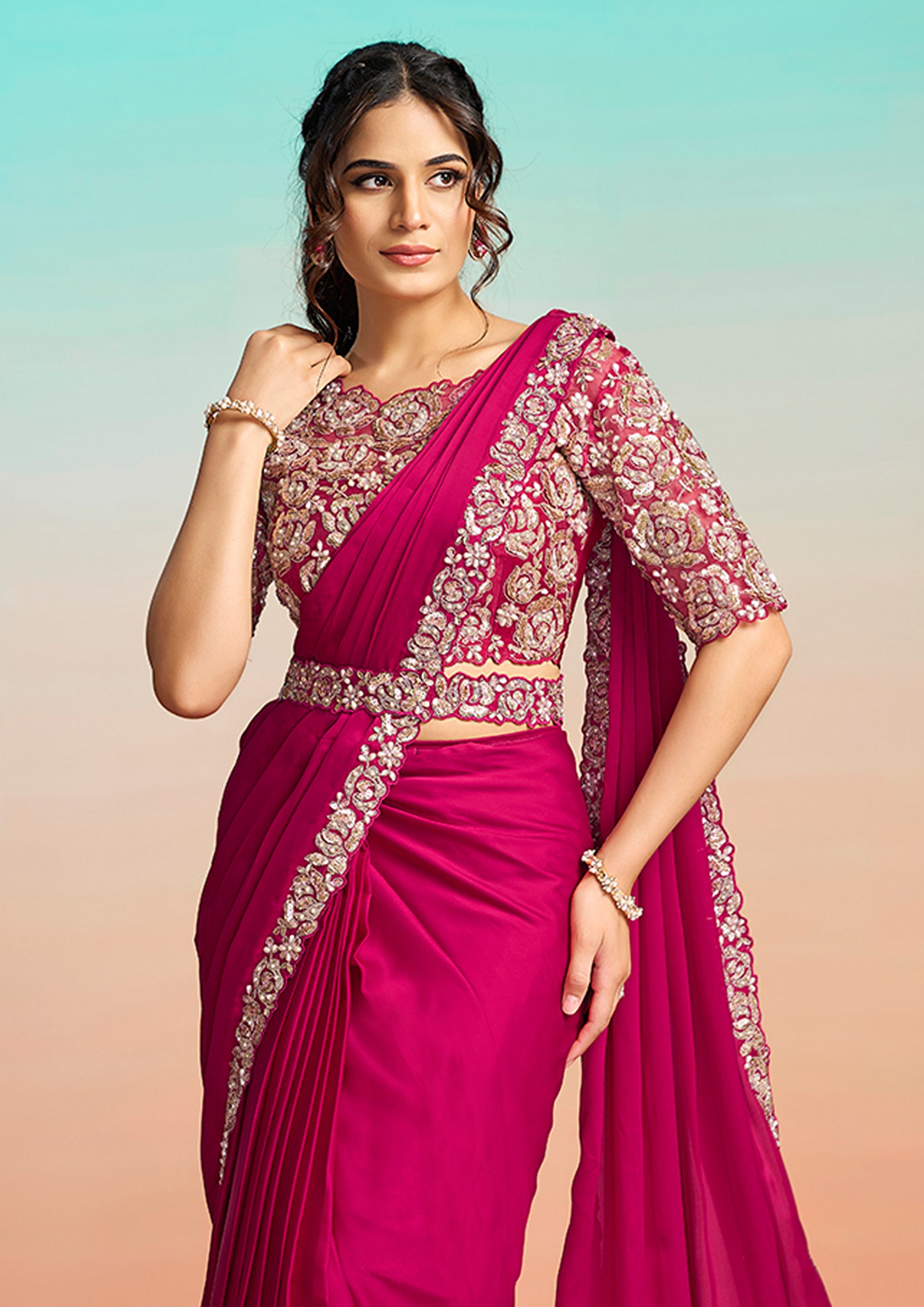 Rani Pink Embellished Satin Silk Draped Saree