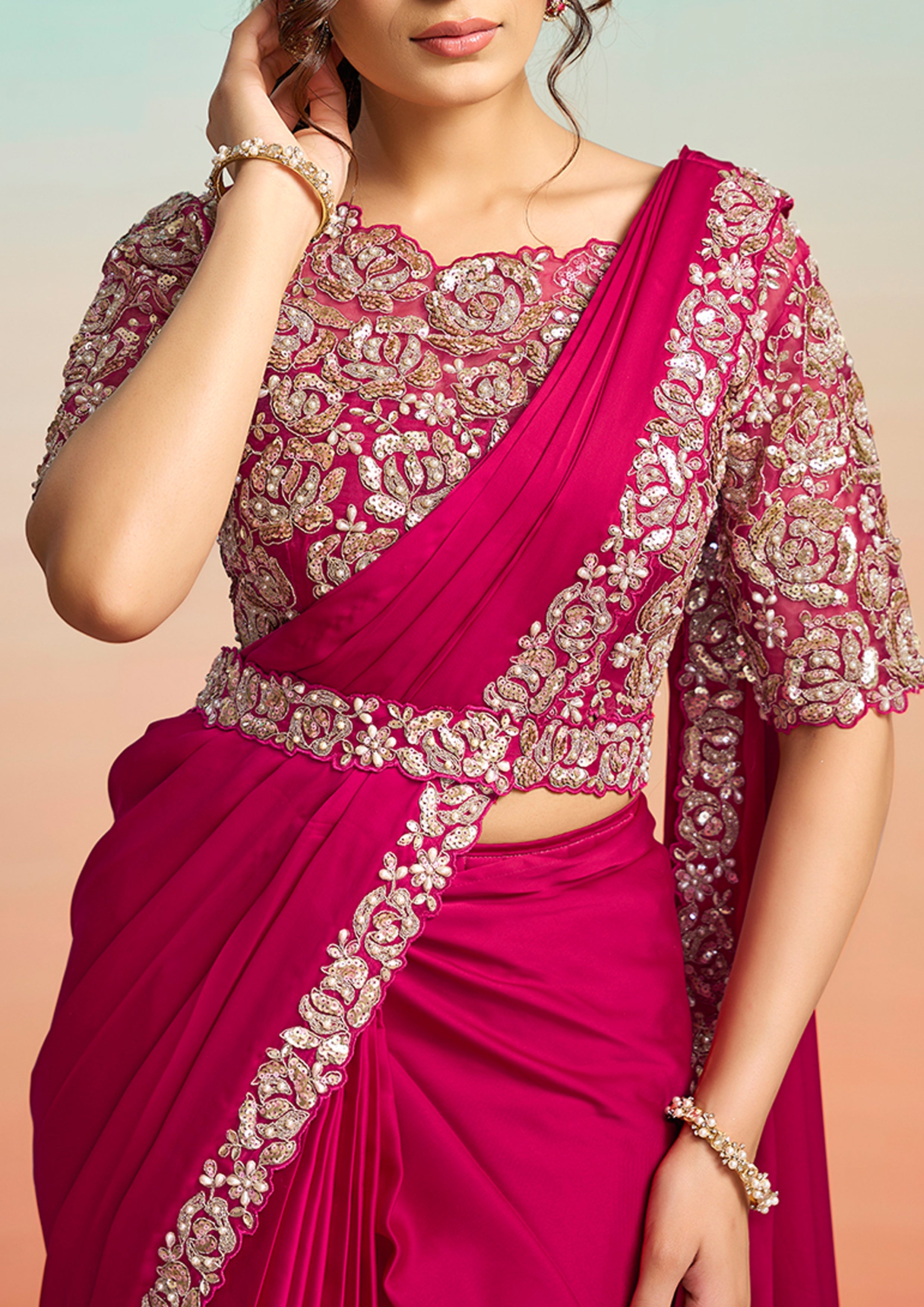 Rani Pink Embellished Satin Silk Draped Saree