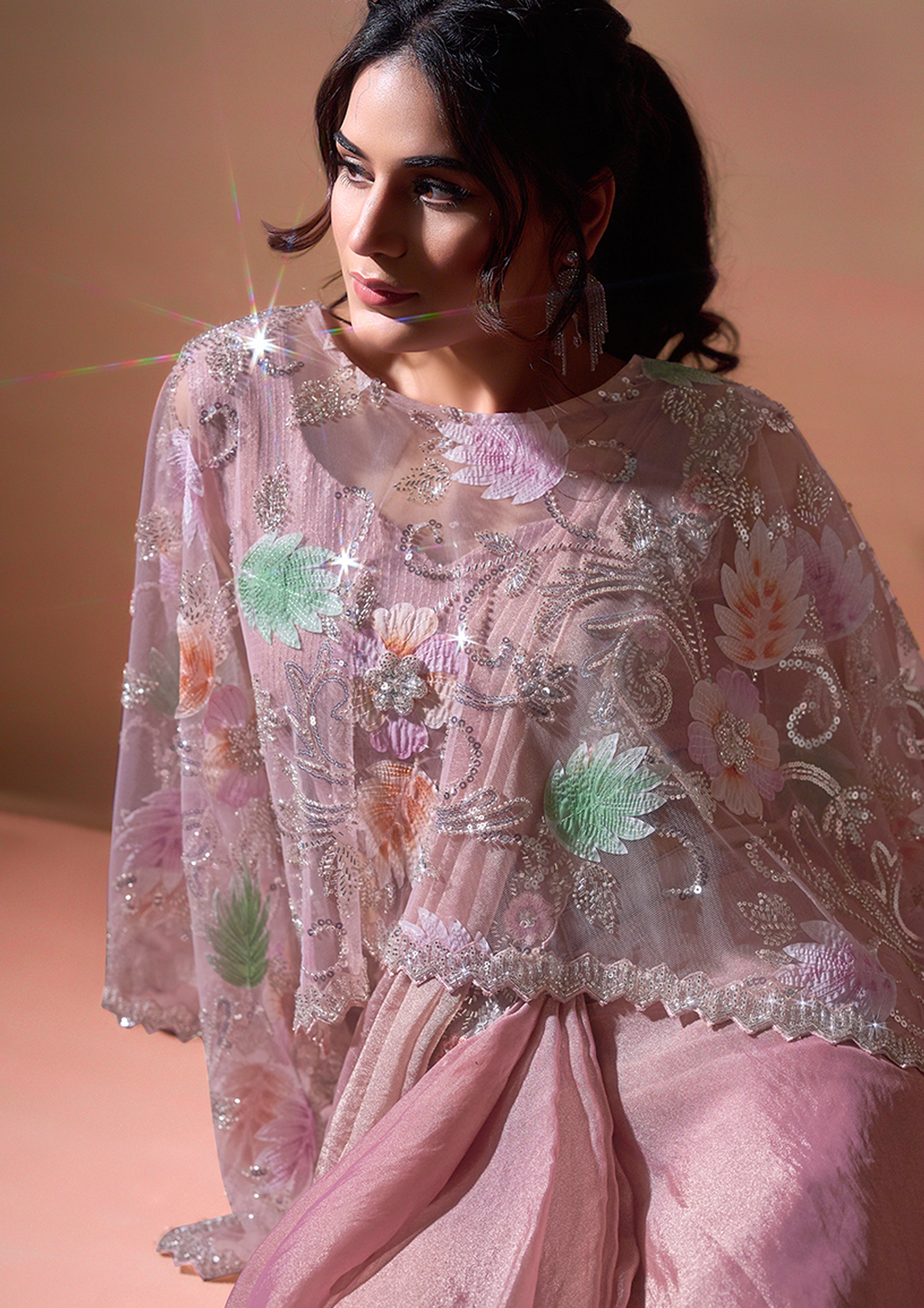 Dusty Rose Embellished Georgette Silk Saree