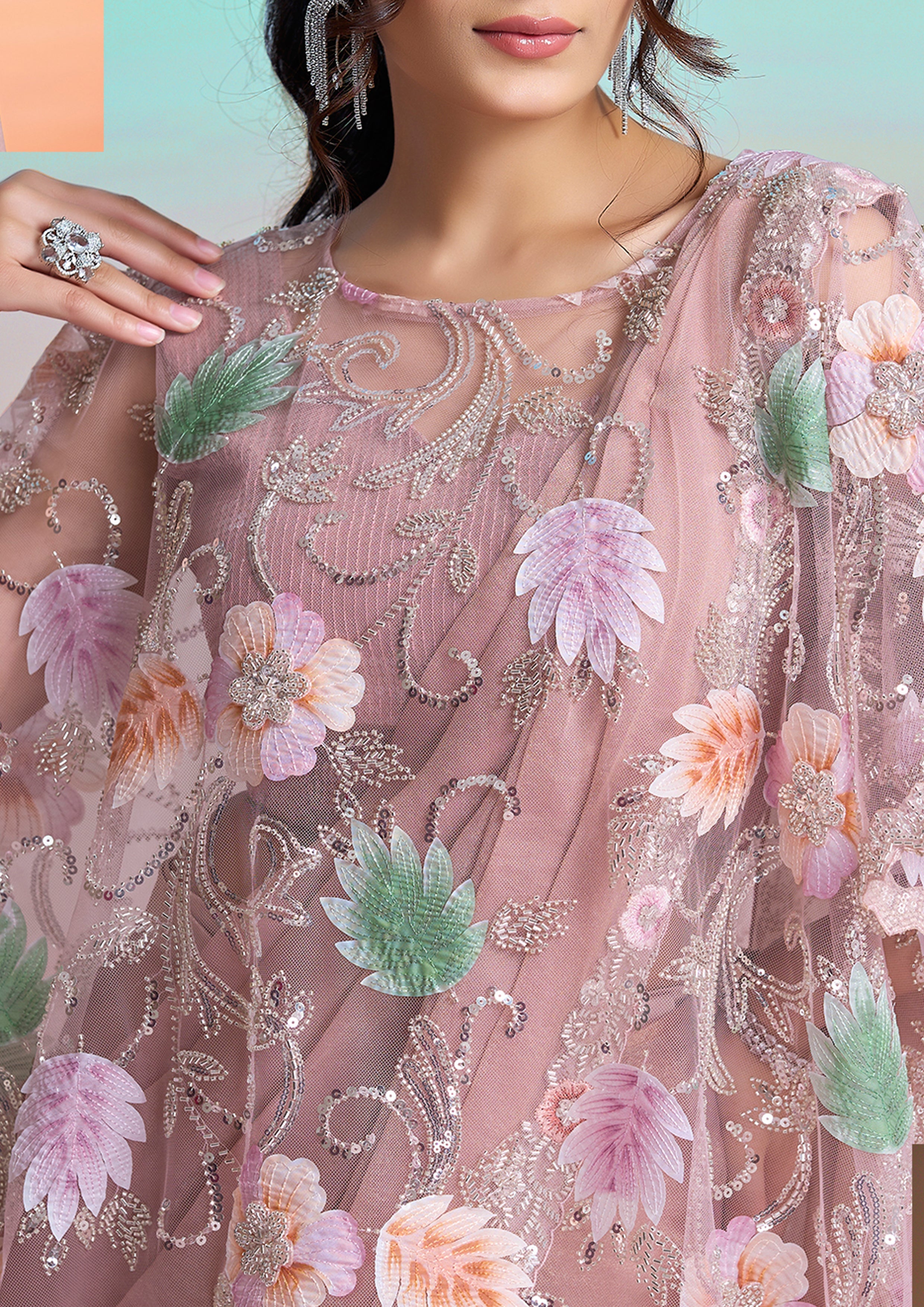 Dusty Rose Embellished Georgette Silk Saree