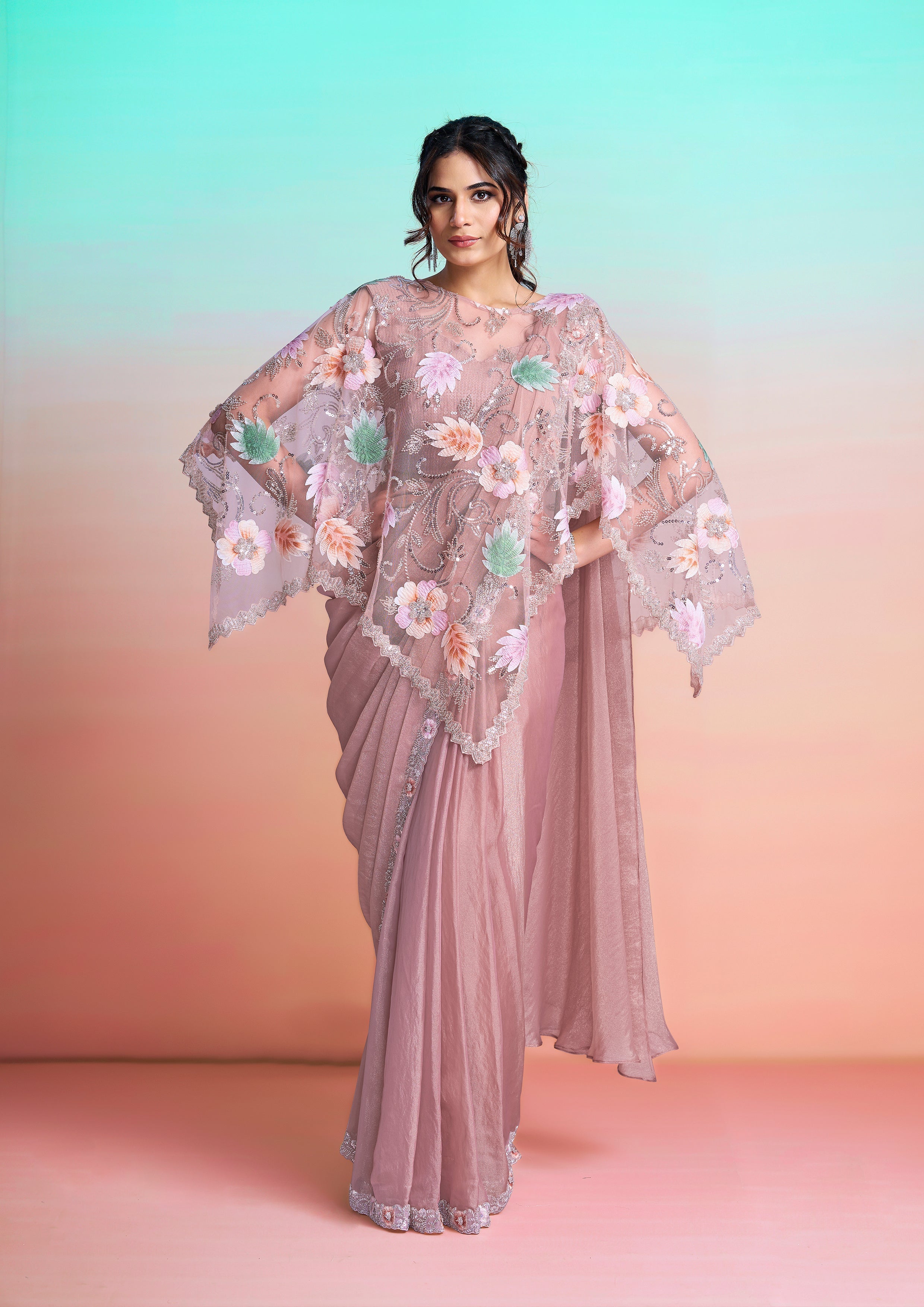 Dusty Rose Embellished Georgette Silk Saree