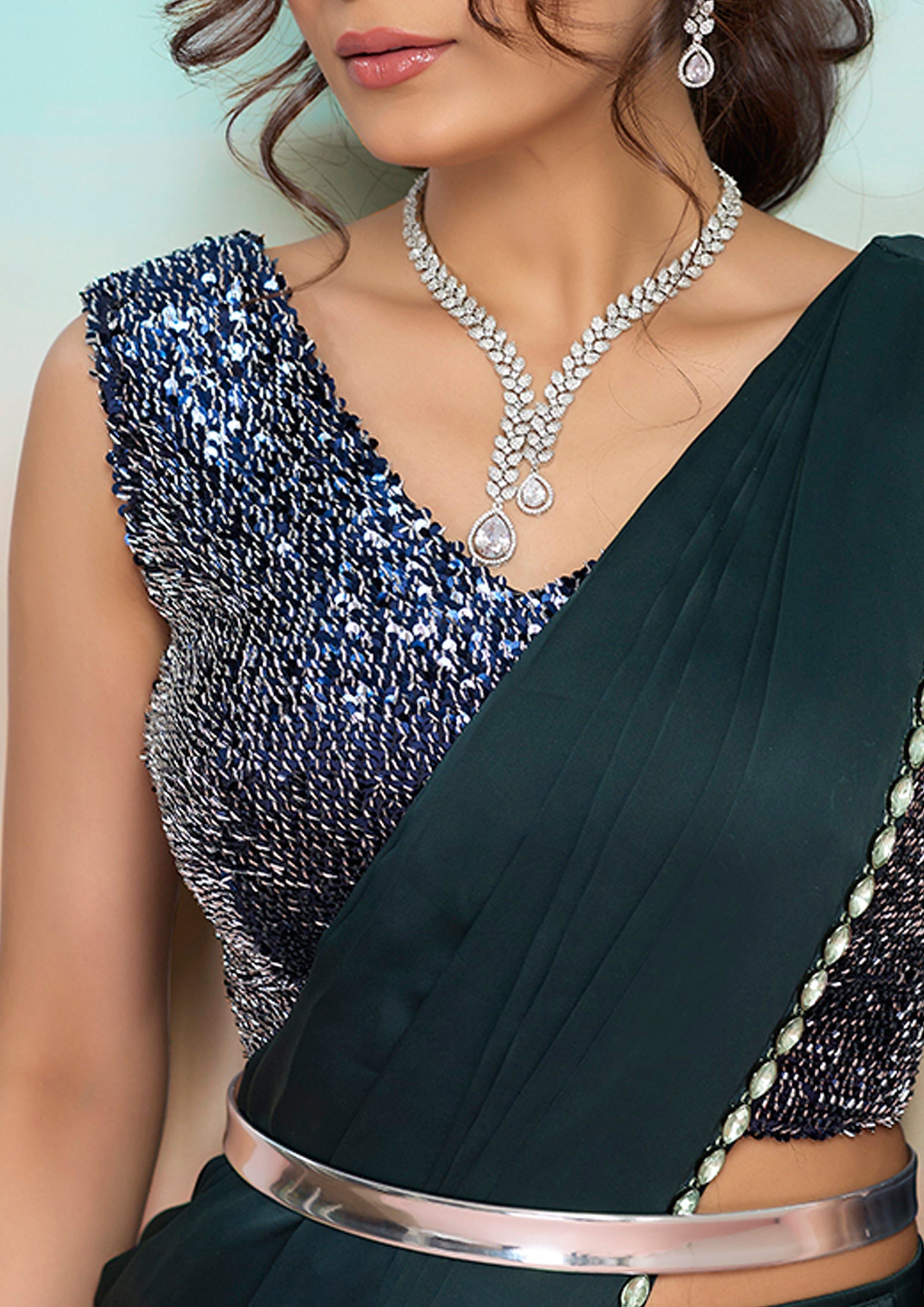 Navy Blue Floral Embroidered Satin Silk Draped Saree