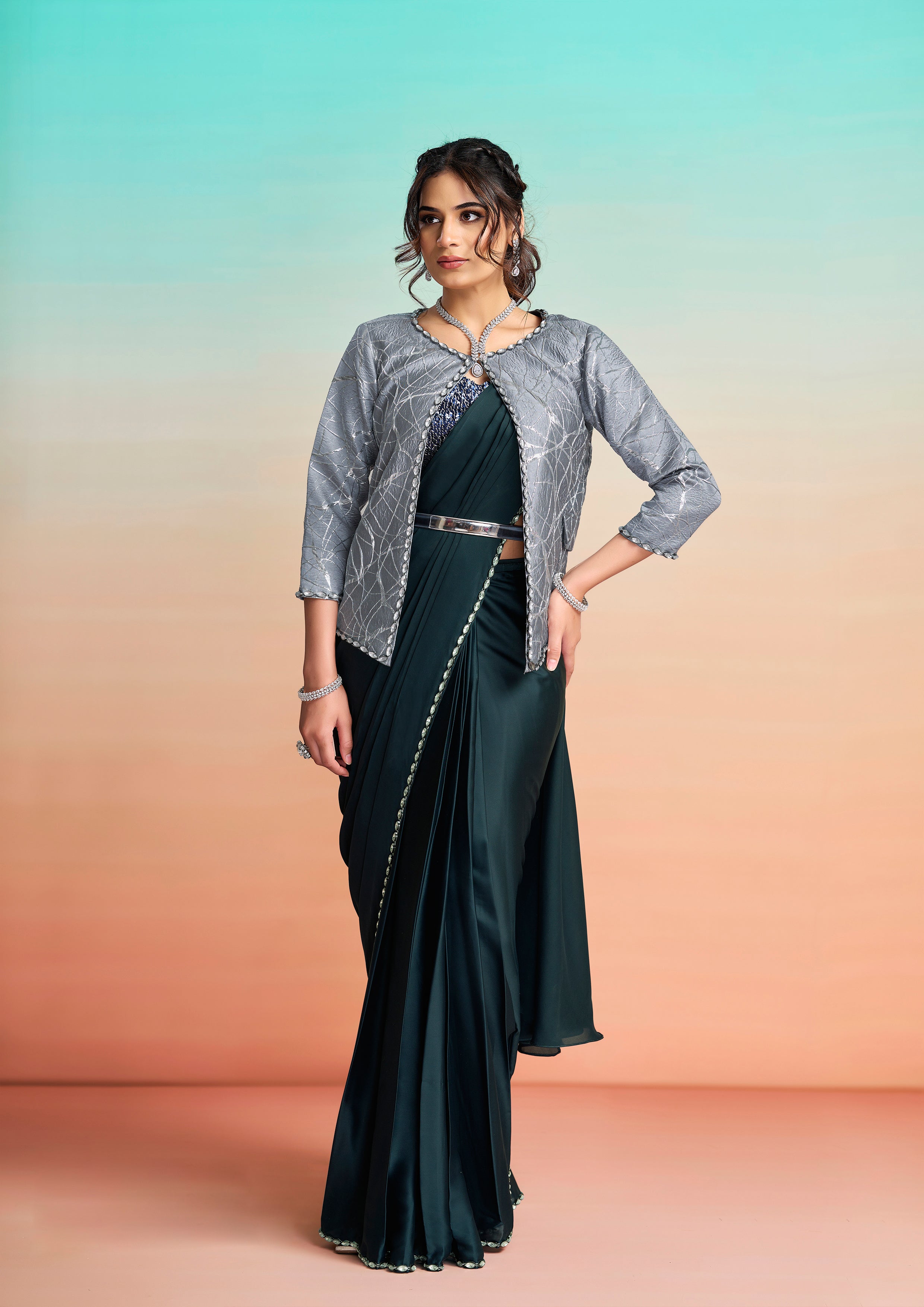 Navy Blue Floral Embroidered Satin Silk Draped Saree