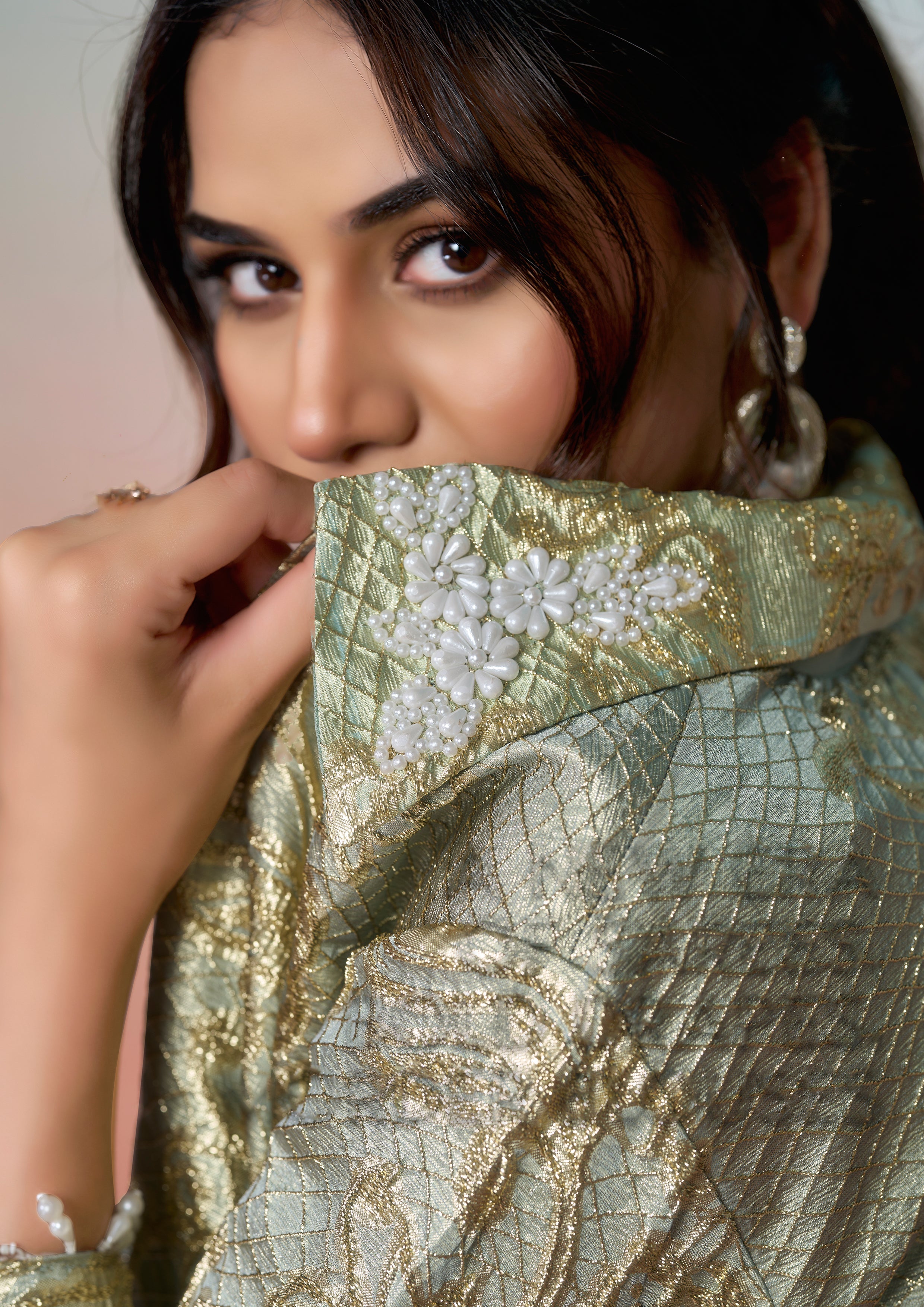 Mint Green Embroidered Satin Silk Draped Saree