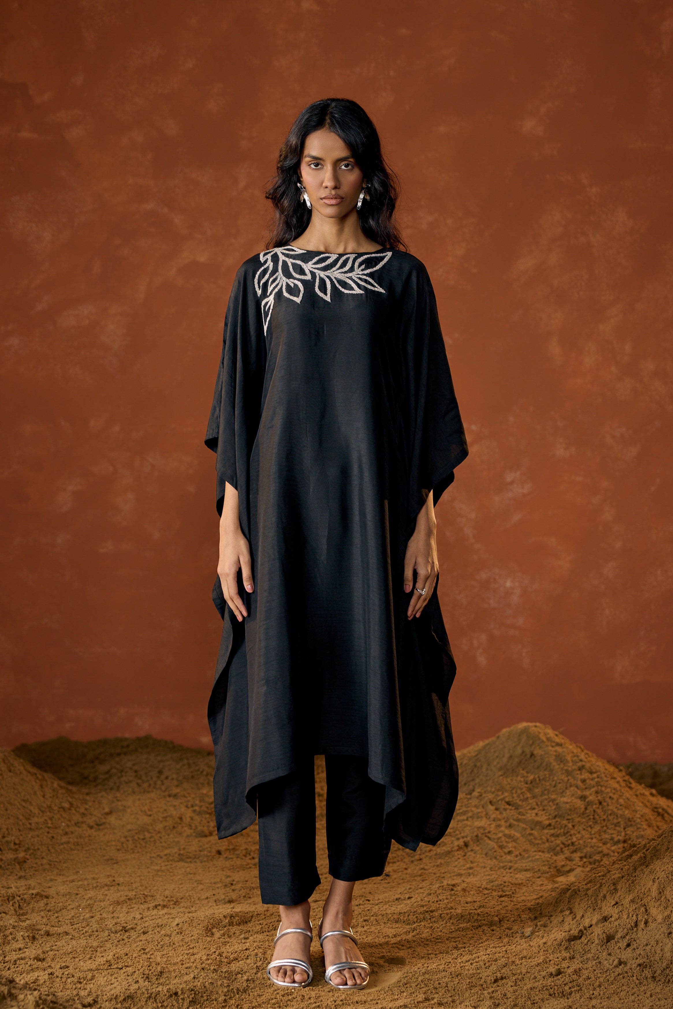 Black Embellished Raw Silk Kaftan Set