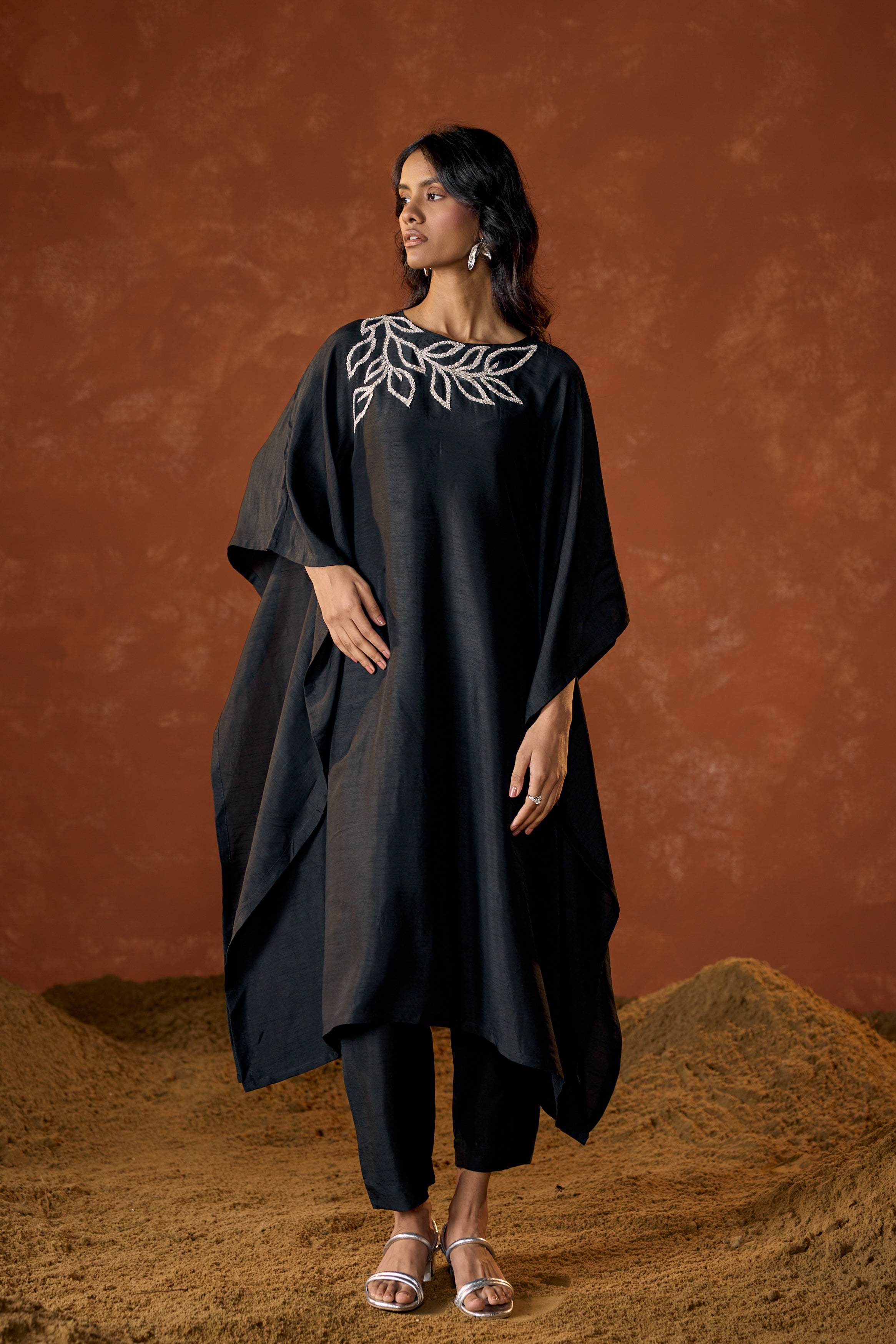 Black Embellished Raw Silk Kaftan Set