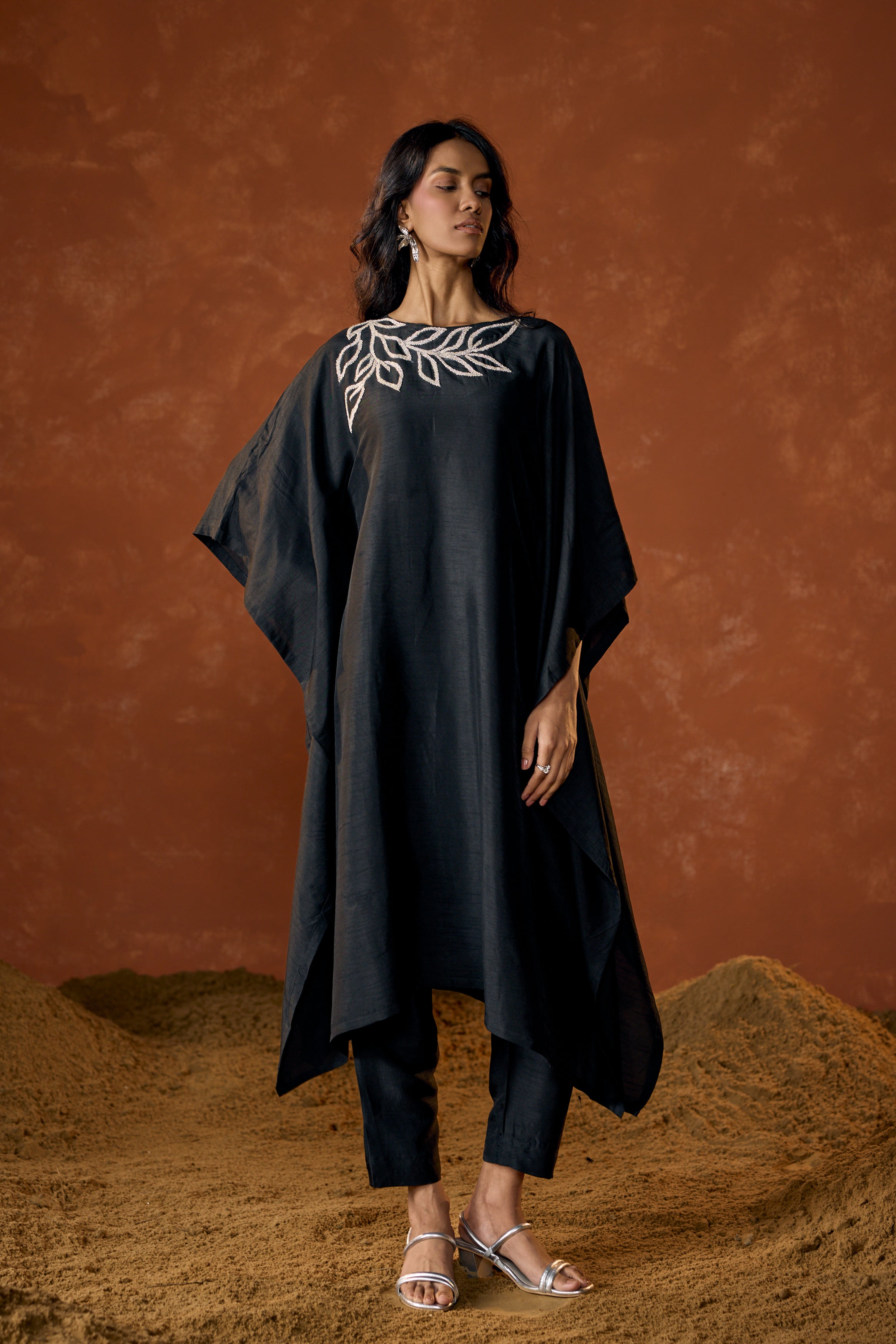 Black Embellished Raw Silk Kaftan Set