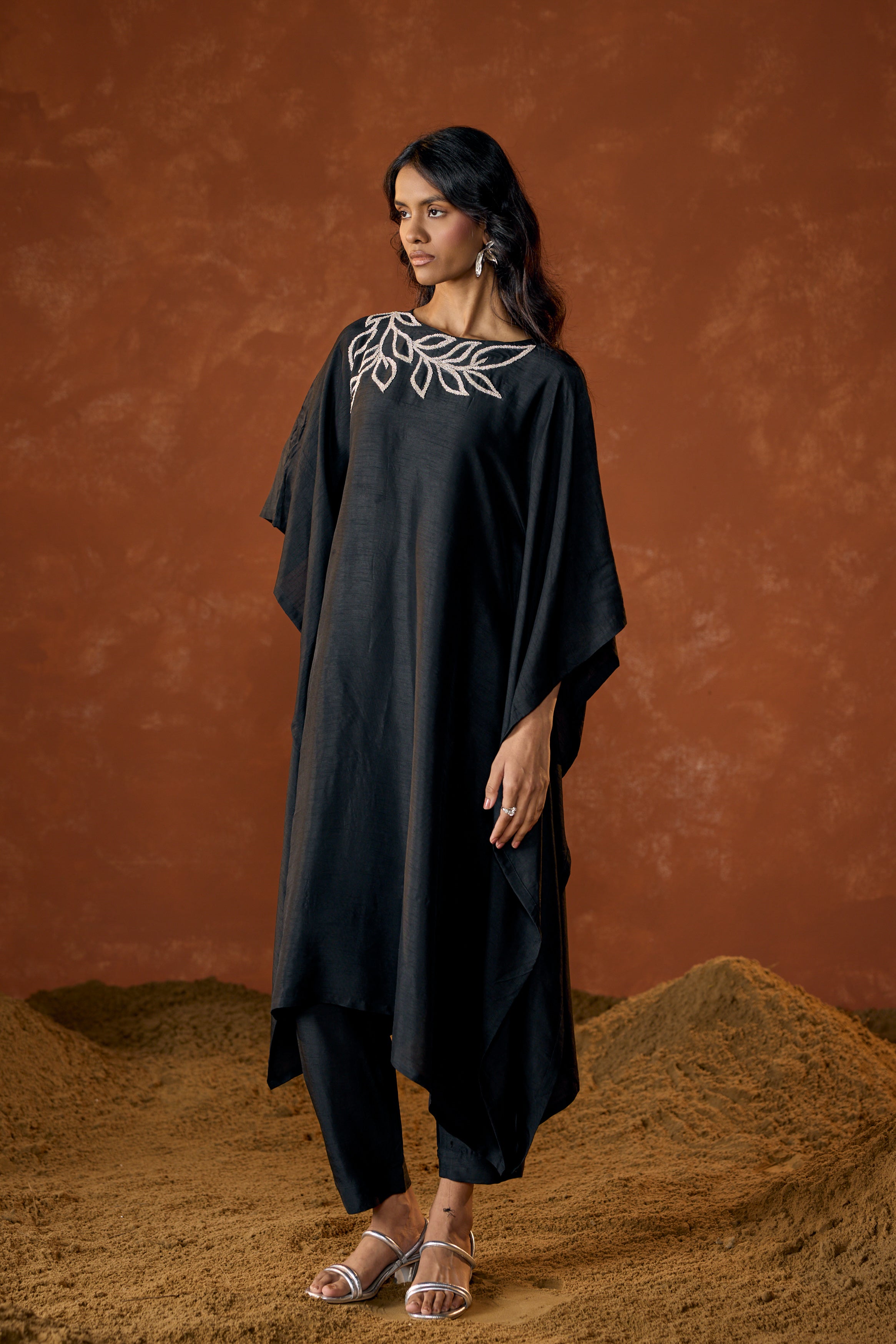 Black Embellished Raw Silk Kaftan Set