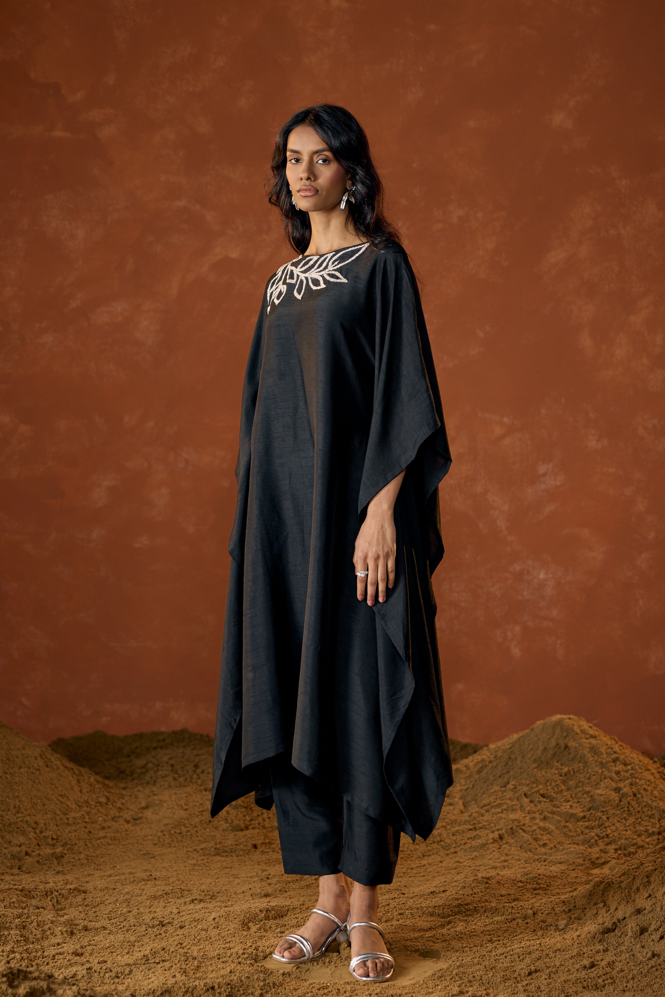 Black Embellished Raw Silk Kaftan Set