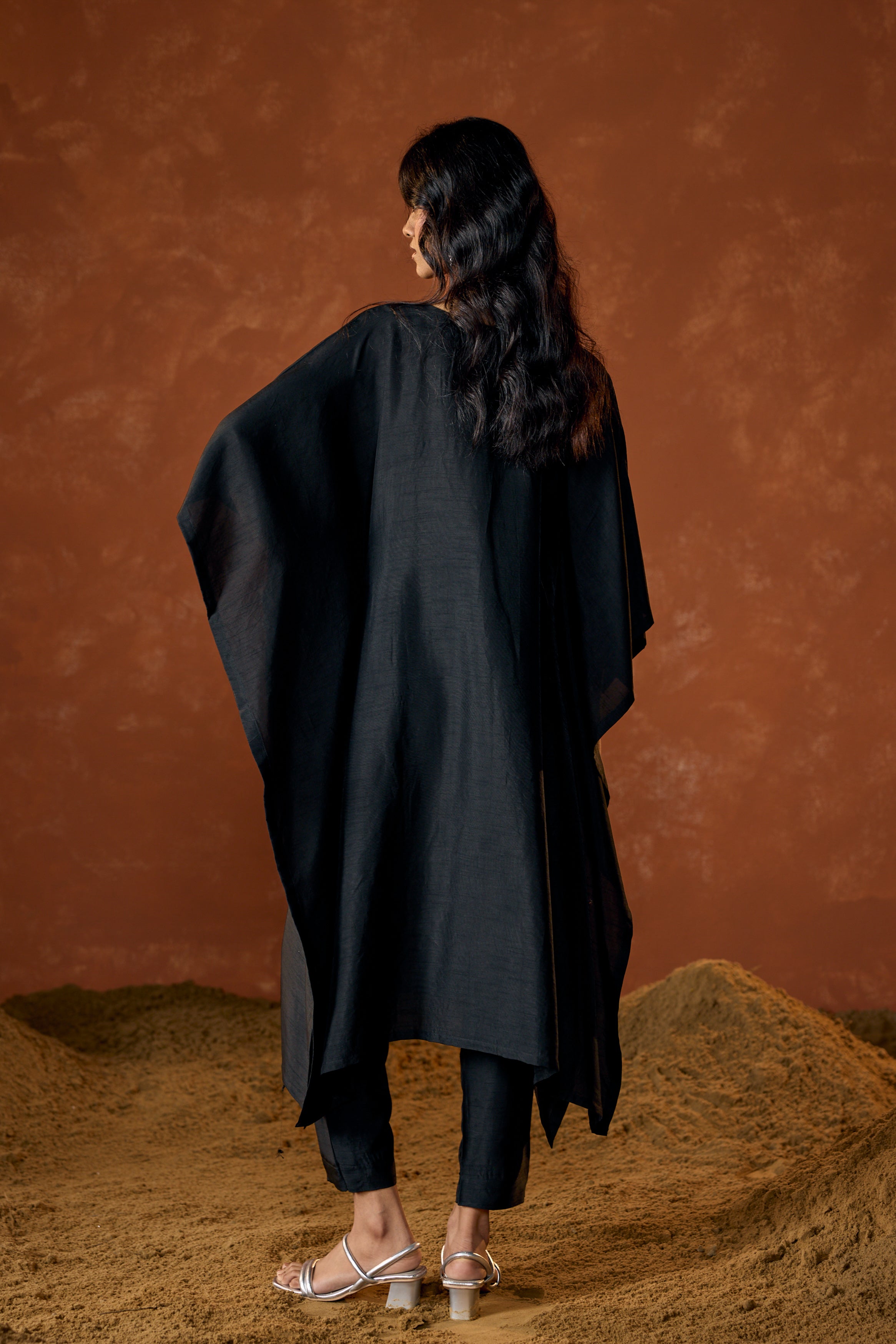 Black Embellished Raw Silk Kaftan Set