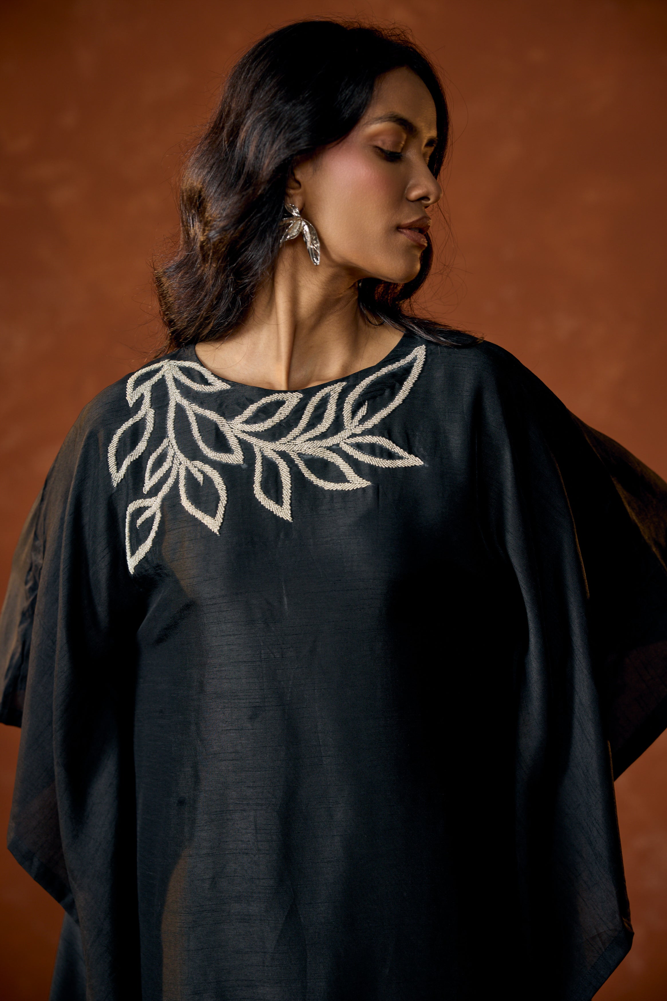 Black Embellished Raw Silk Kaftan Set