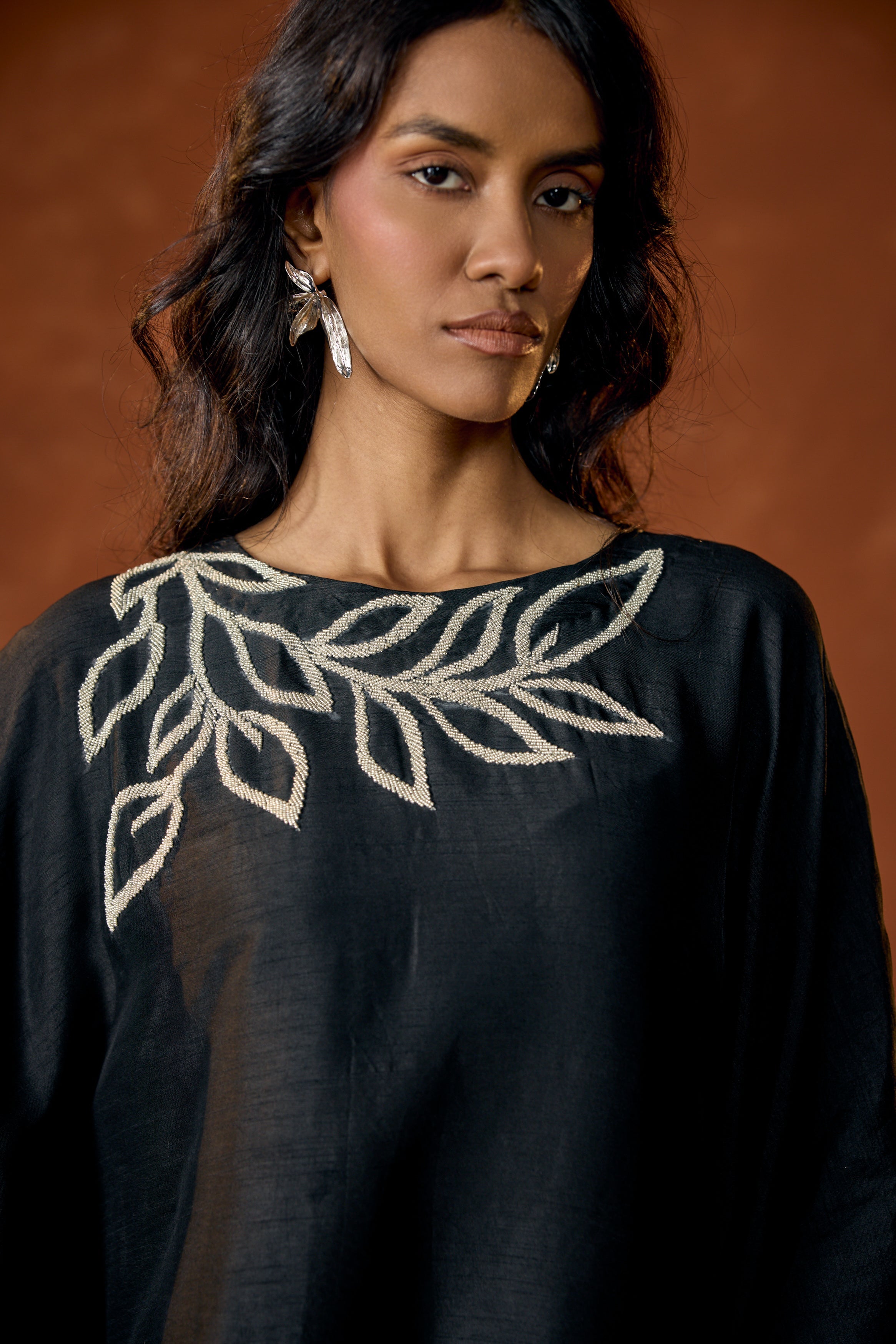 Black Embellished Raw Silk Kaftan Set